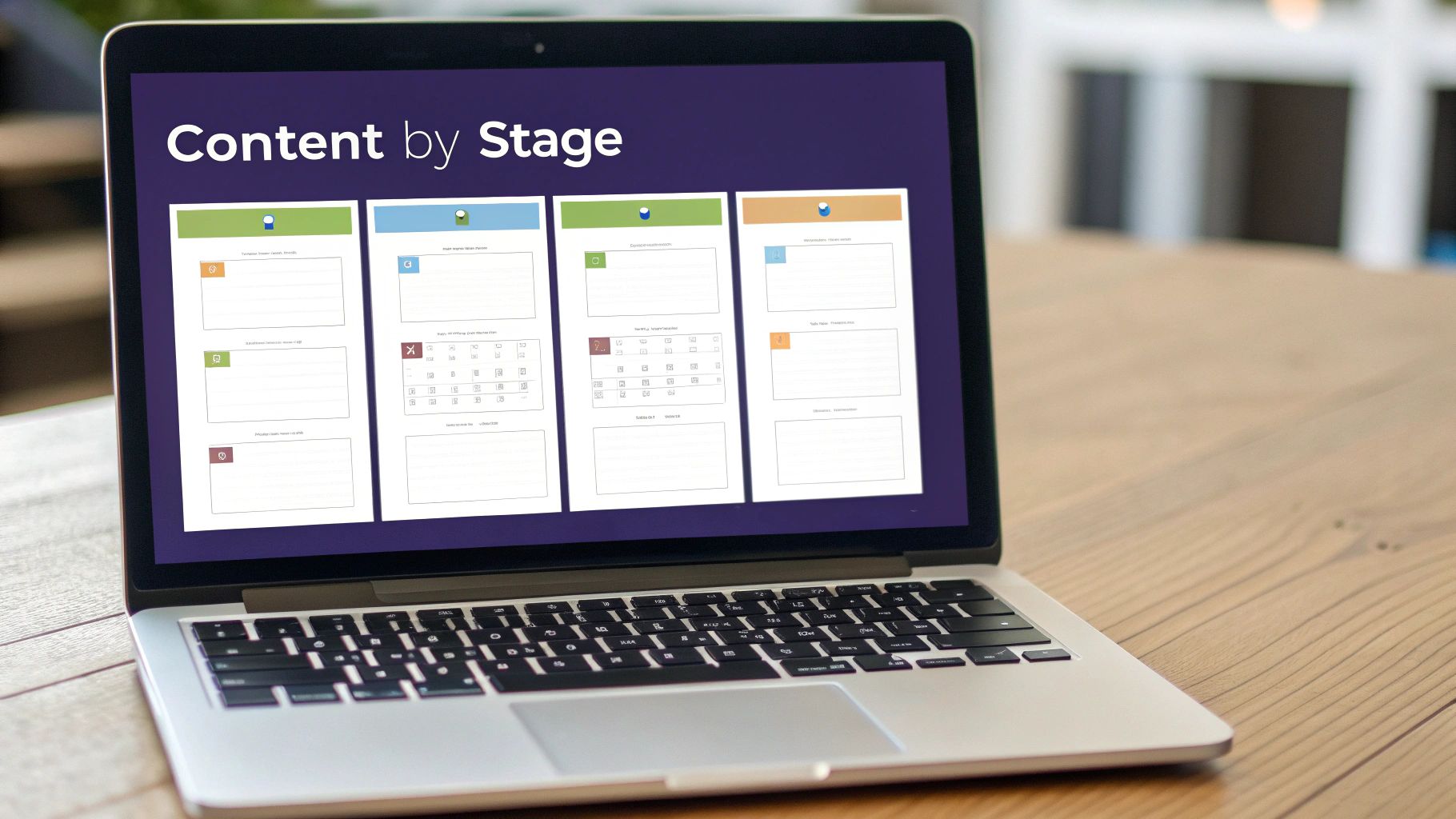 A laptop displays a presentation titled 'Content by Stage' with four colored content columns.