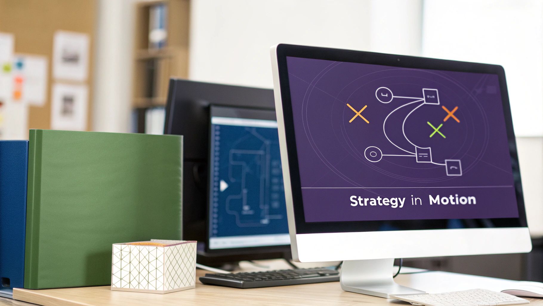 A group of professionals in a meeting room, pointing at charts and graphs on a large screen, putting a digital strategy into action.