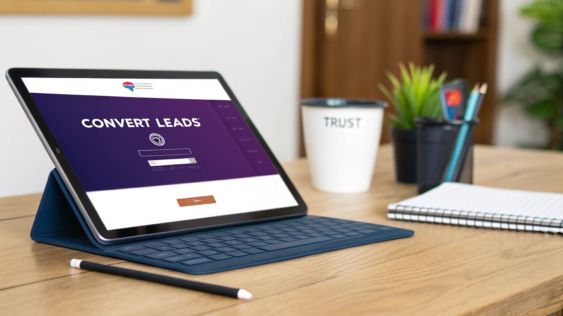 Tablet displaying 'CONVERT LEADS' login screen on a wooden desk with a stylus and coffee mug.
