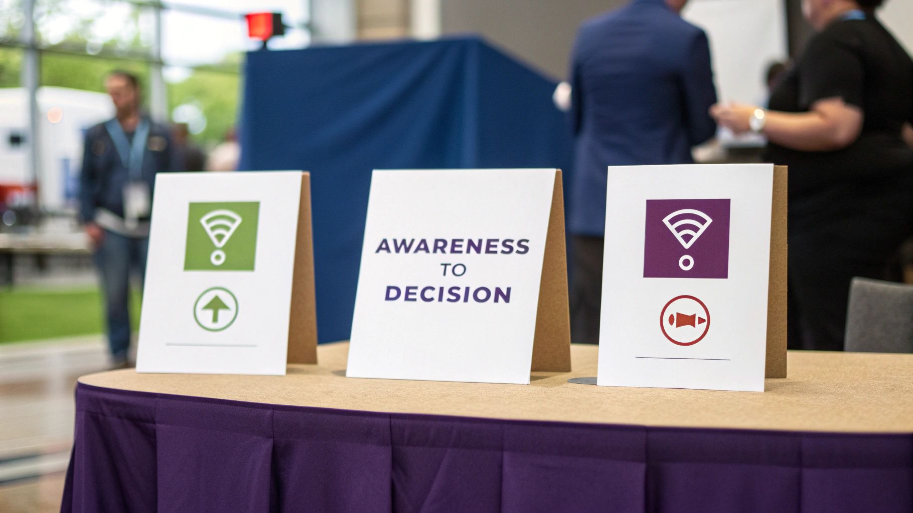 Three signs on a table, one reading 'Awareness to Decision', representing a marketing funnel.