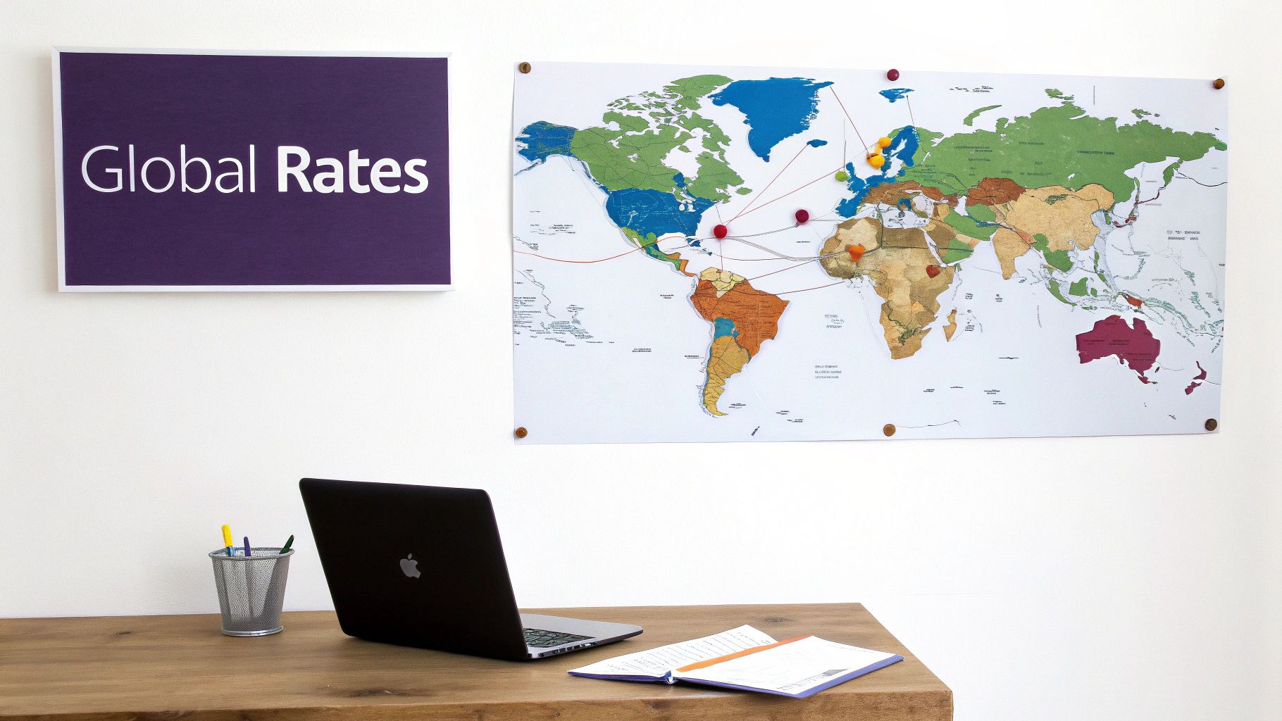 An office setup with a 'Global Rates' sign, a world map with pins, a laptop, and an open notebook on a desk.