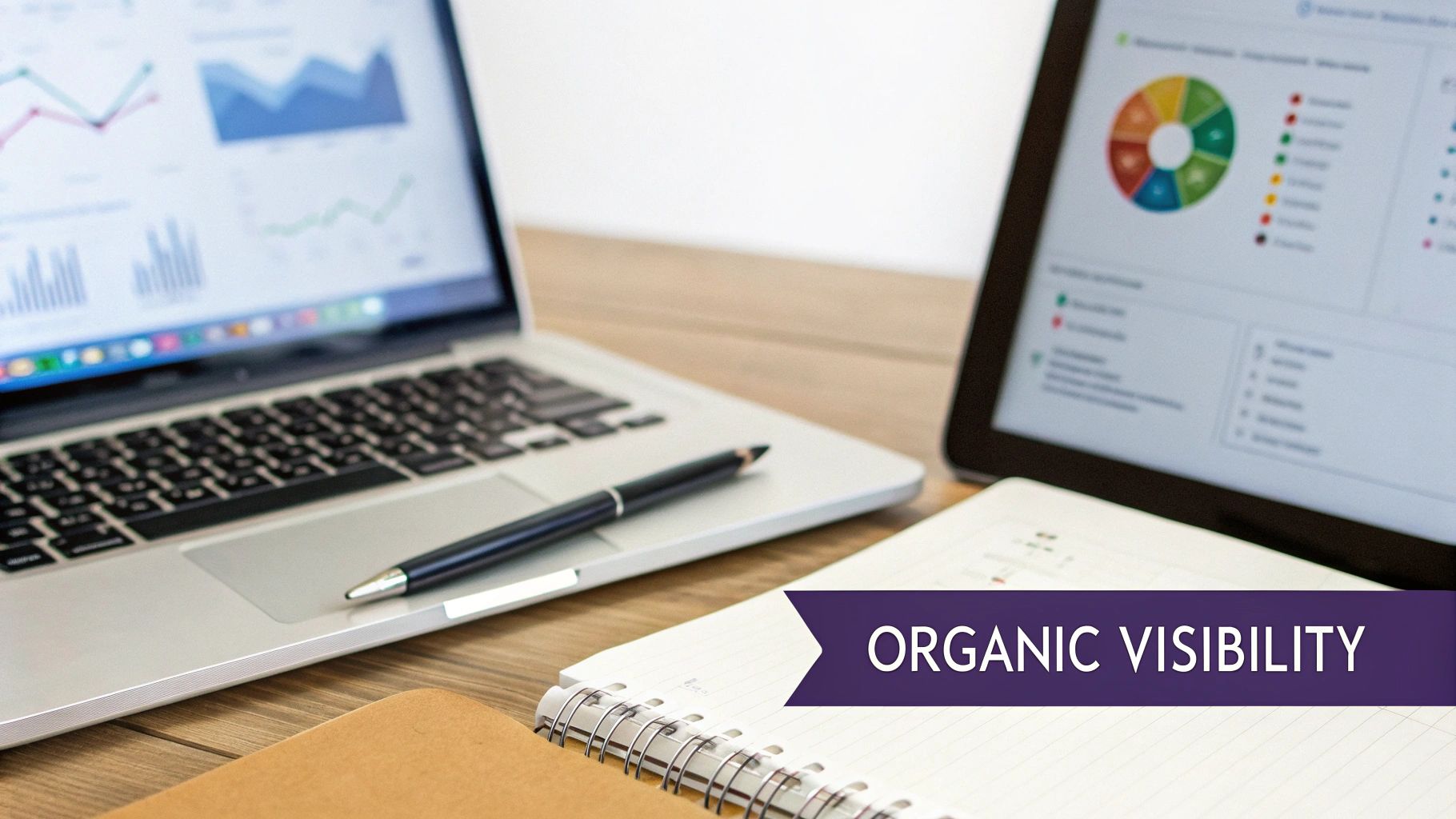 Laptop, tablet displaying charts and graphs, and a notebook with 'ORGANIC VISIBILITY' banner.