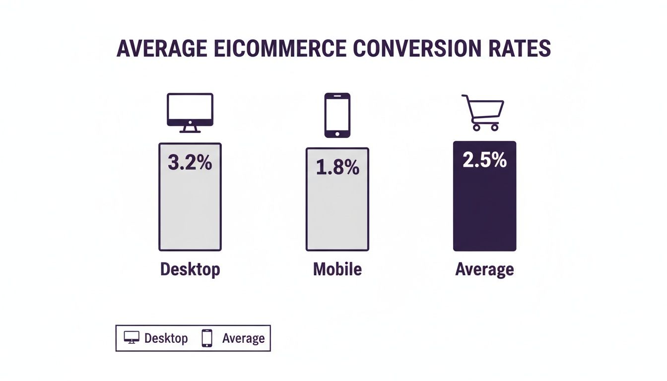 Bar chart illustrating average e-commerce conversion rates across desktop, mobile, and overall channels.