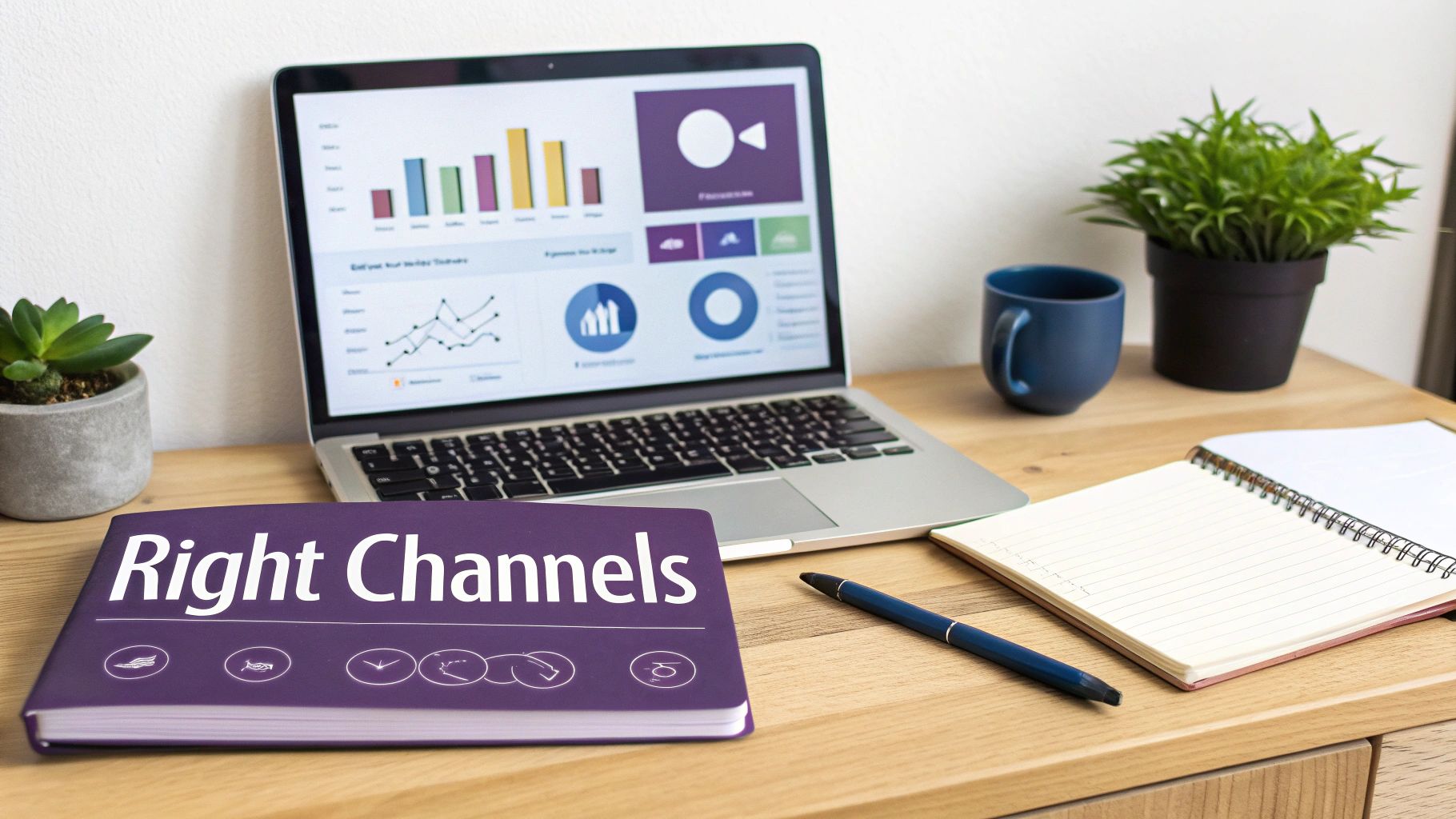 Laptop displaying marketing analytics dashboard with Right Channels notebook on wooden desk workspace