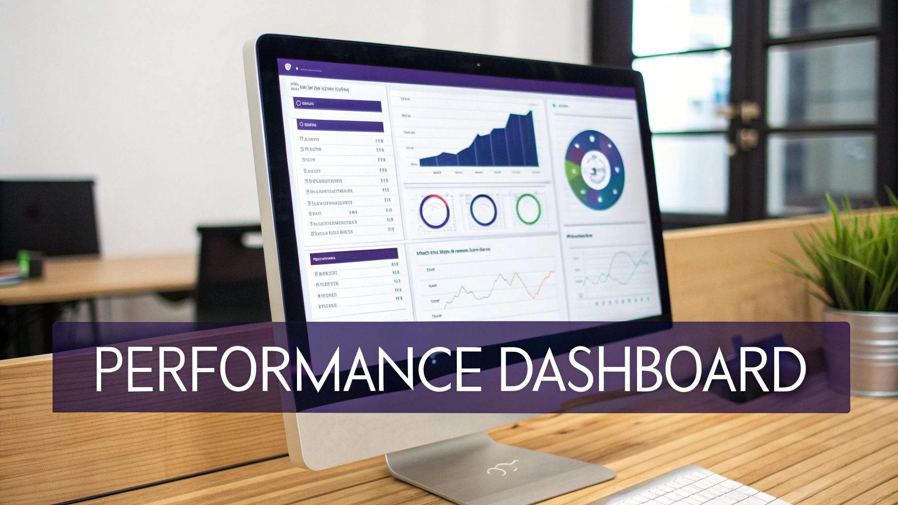 A computer monitor shows a performance dashboard with data visualization, charts, and graphs on a wooden desk.