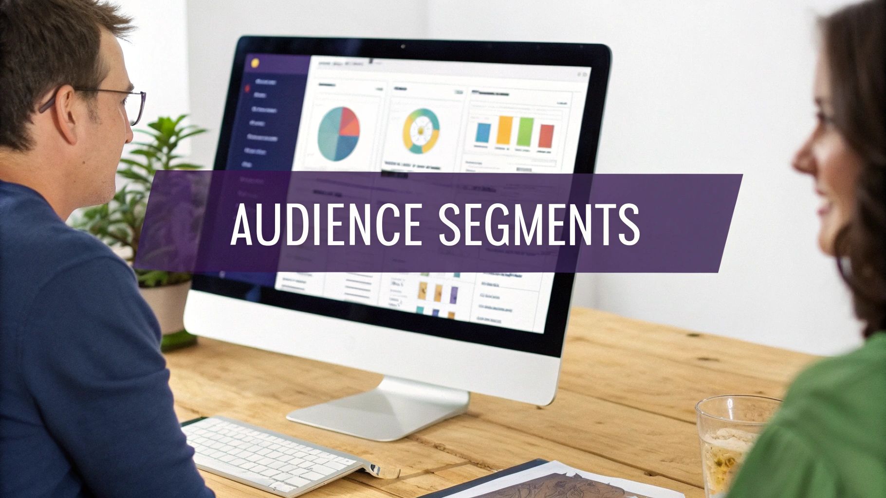 Two people analyze audience segments on a computer screen displaying data charts and graphs.