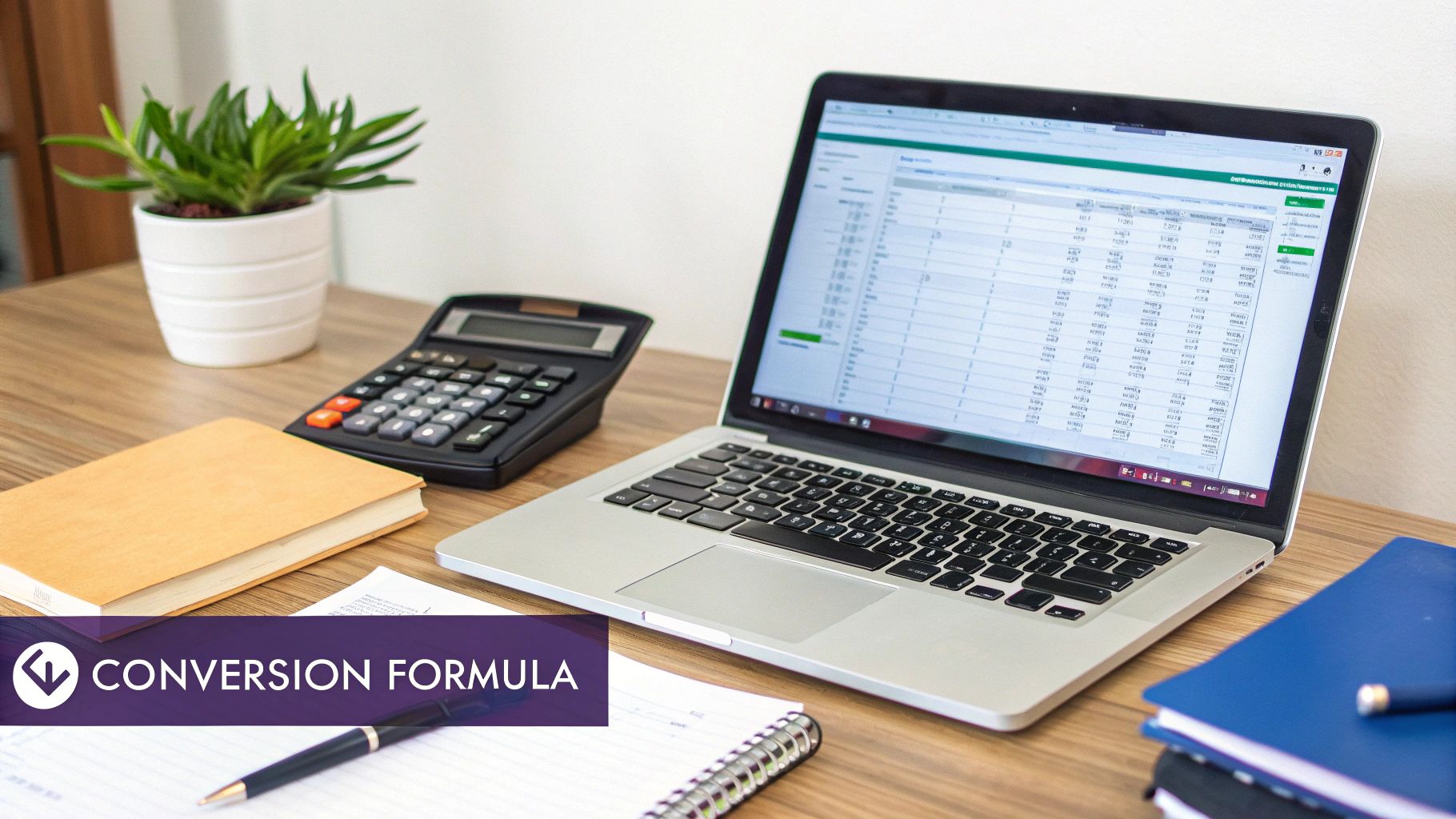 A clean workspace featuring a laptop displaying a spreadsheet, a calculator, notebooks, and a potted plant.