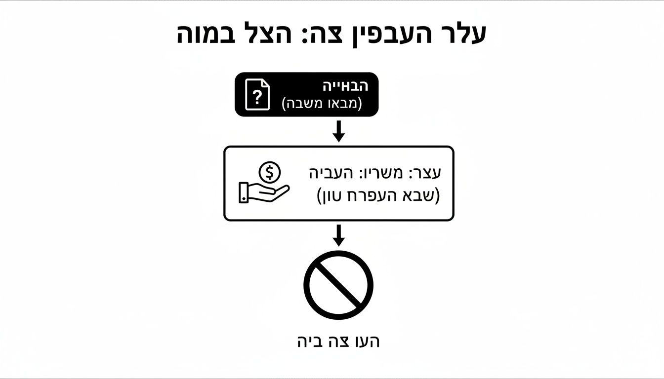תרשים זרימה הכולל כותרת עליונה, תיבת בעיה עם מסמך וסימן שאלה, תיבת פעולה של עצירה וגביית כסף, וסימן איסור.