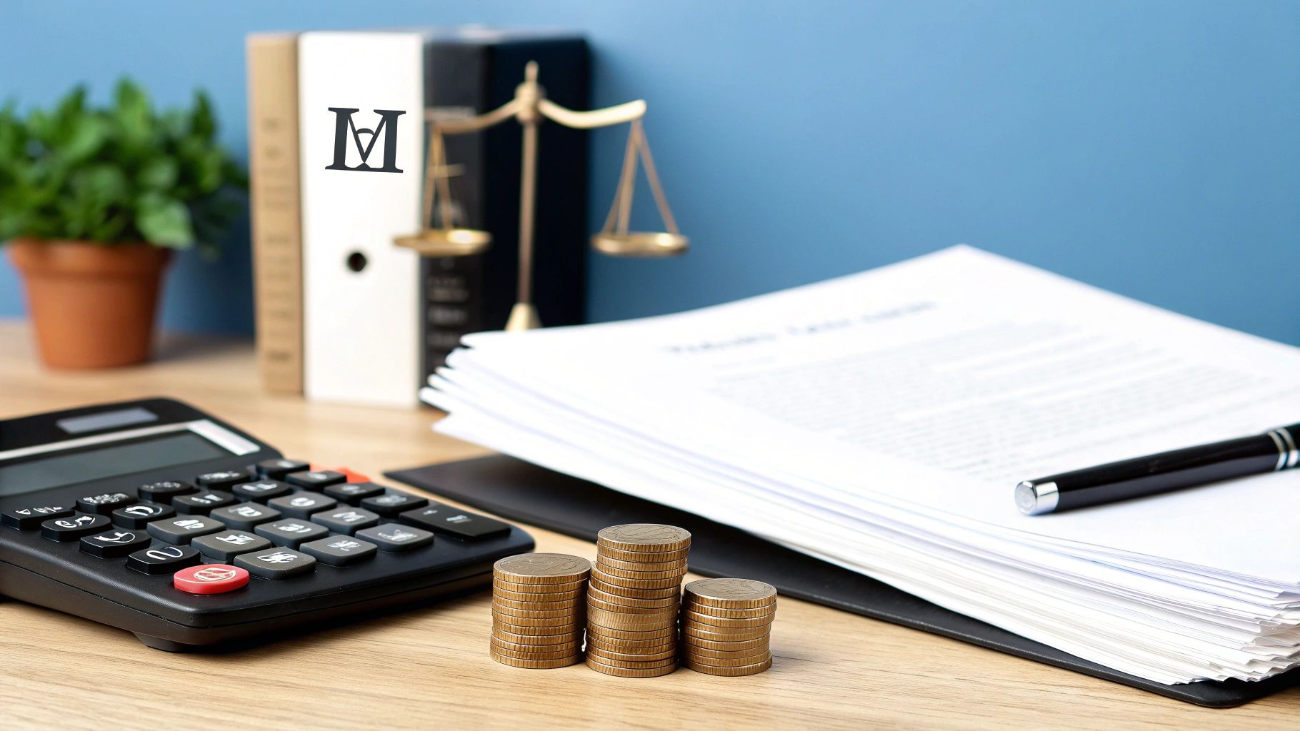 שולחן עבודה עם מחשבון, ערימות מטבעות, מסמכים ועט, המסמל ייעוץ משפטי ופיננסי.
