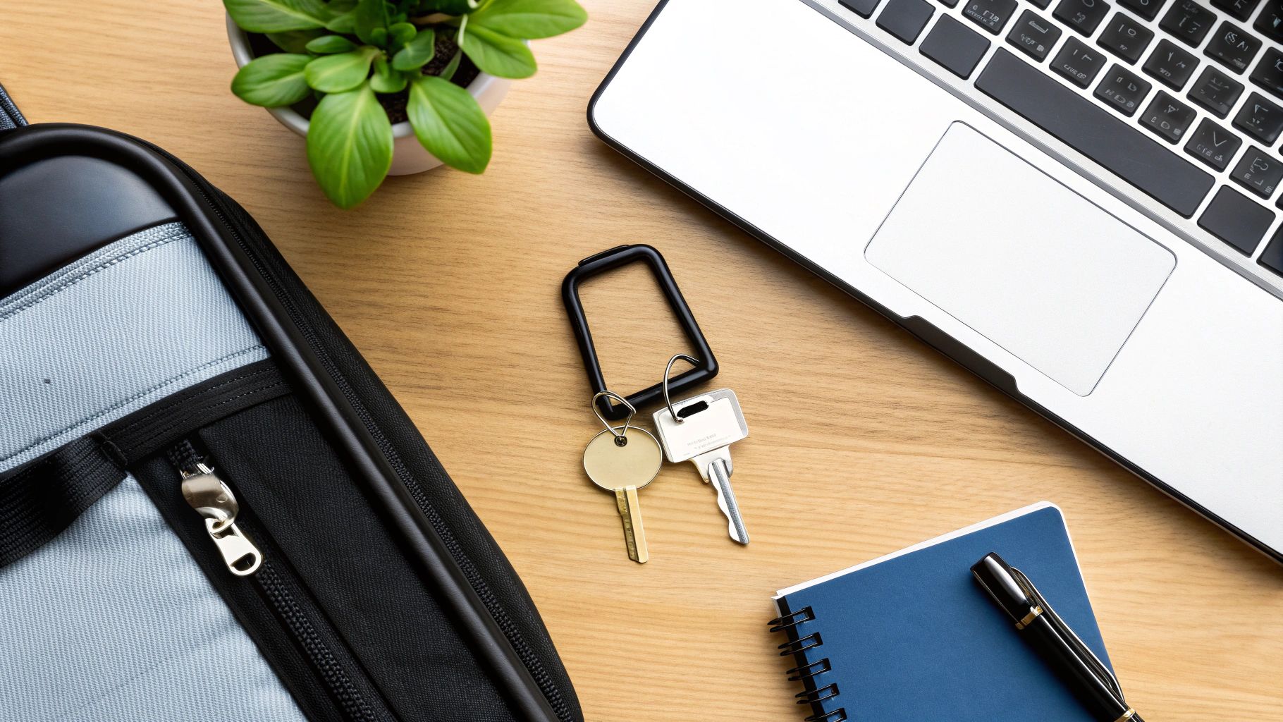 מבט מלמעלה על שולחן עבודה עם מחשב נייד, מפתחות, תיק, עציץ ומחברת עם עט.