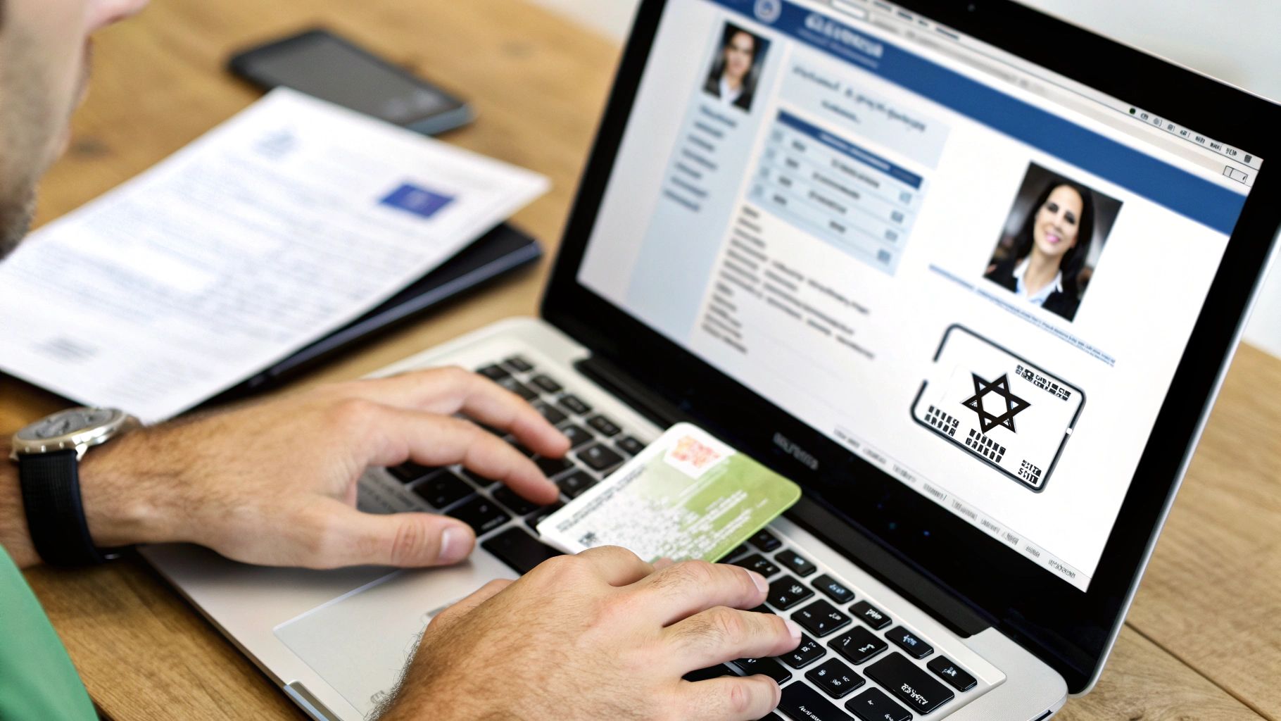 גבר משתמש במחשב נייד עם כרטיס אשראי, גולש באתר אינטרנט המציג כוכב דוד ומסמכים.