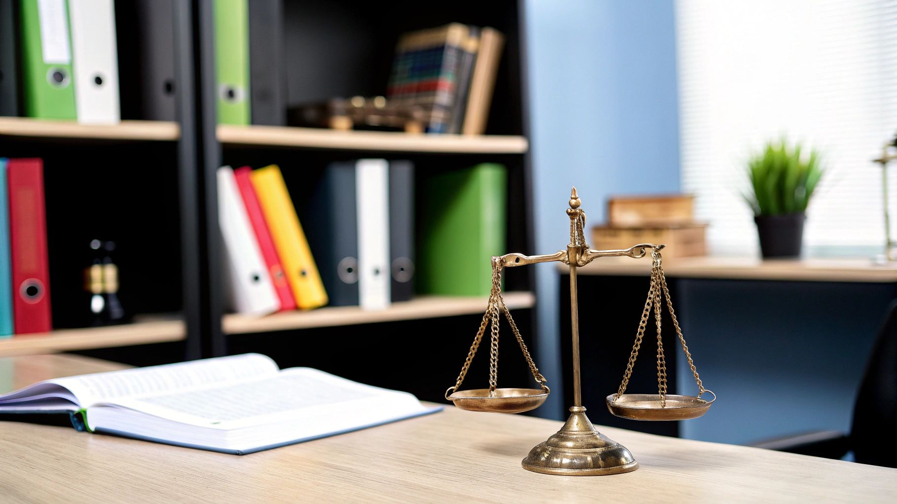 מאזני צדק על שולחן עץ במשרד עורך דין עם ספר פתוח ותיקיות צבעוניות.
