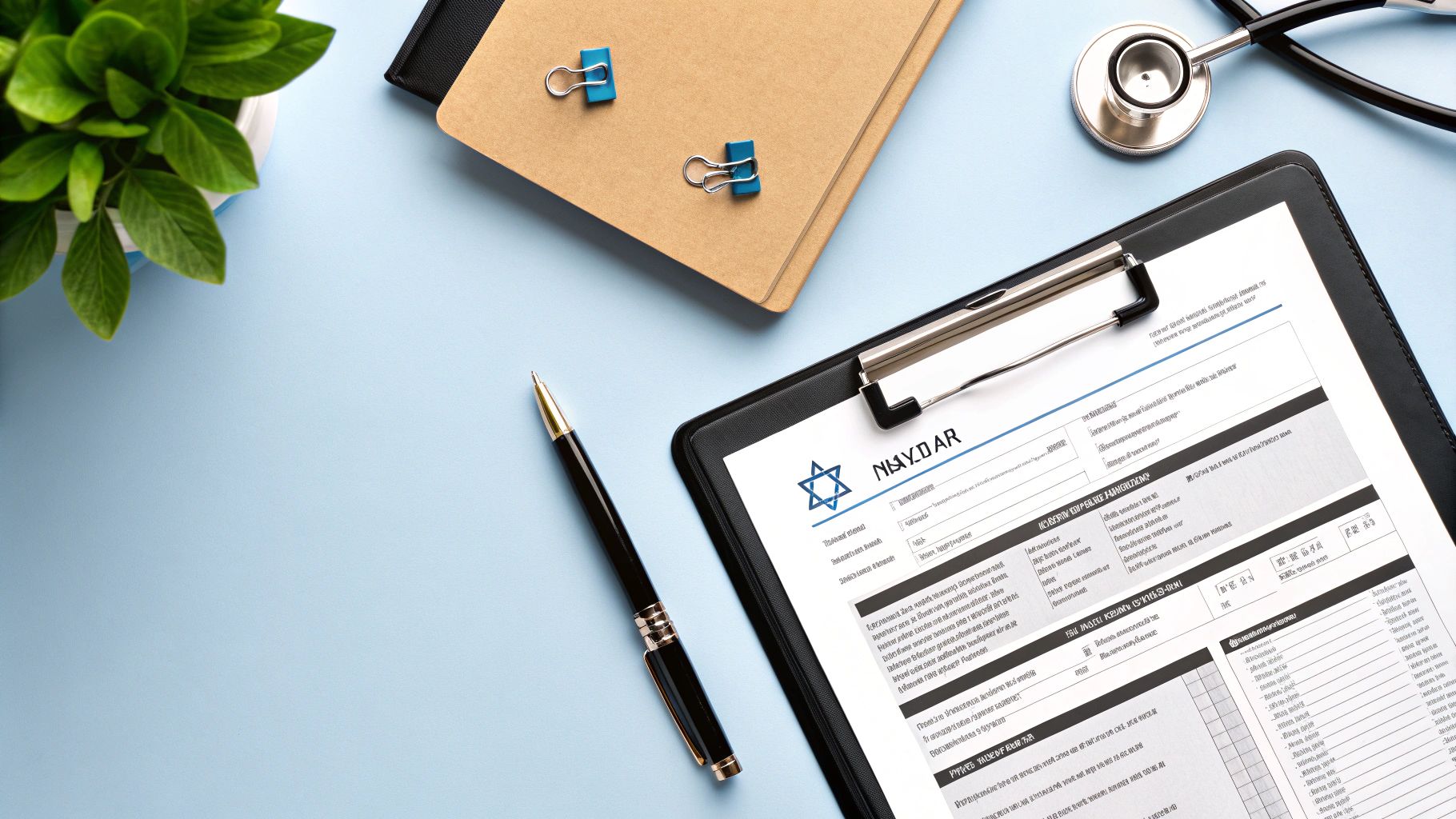 תצוגה שטוחה של שולחן עבודה כחול עם טופס רפואי, עט, מחברת, מהדקים וסטטוסקופ.