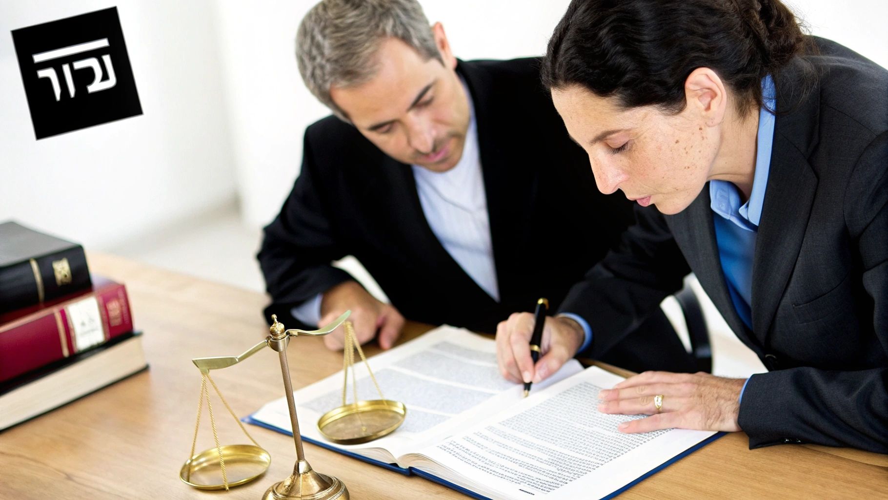 עורכי דין בוחנים וחותמים על מסמכים משפטיים, כולל ייפוי כוח מתמשך, על שולחן משרדי.