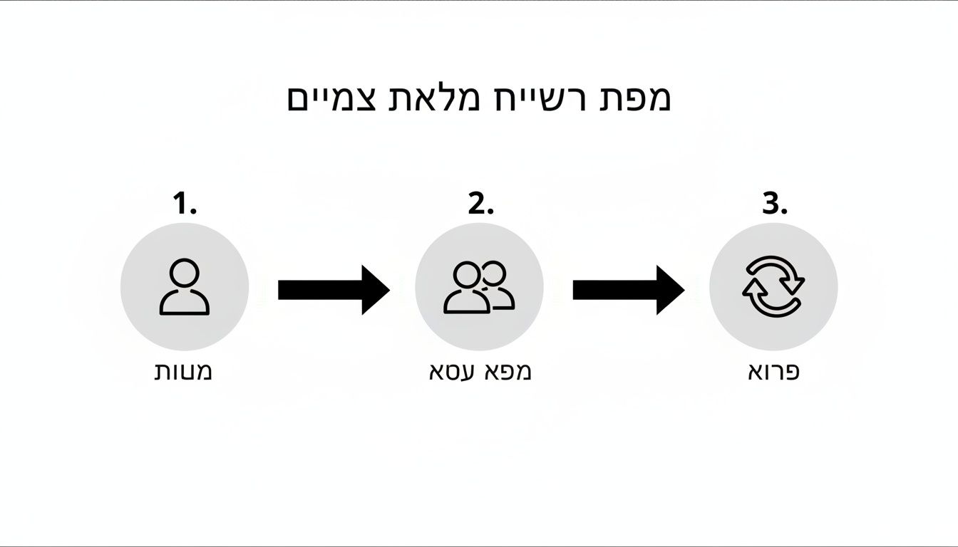 תרשים זרימה של תהליך בשלושה שלבים: התחלה אישית, בניית עסק, וצמיחה מחזורית.