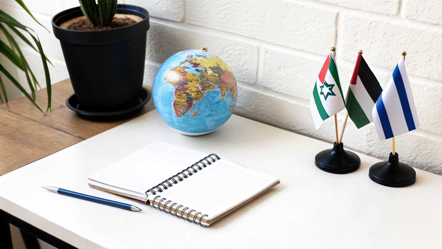 תצוגת שולחן משרדי עם גלובוס כדור הארץ, דגלי מדינות המזרח התיכון, מחברת ועט.