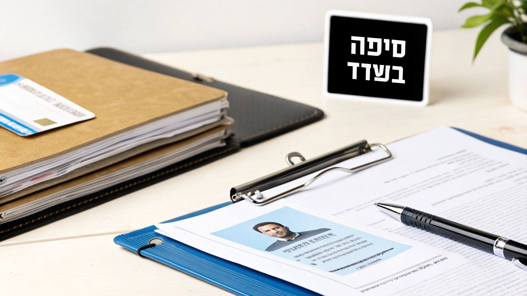 שולחן משרדי עם מסמכים, תיקייה, עט וכליבה, ומסגרת דיגיטלית עם טקסט עברי.