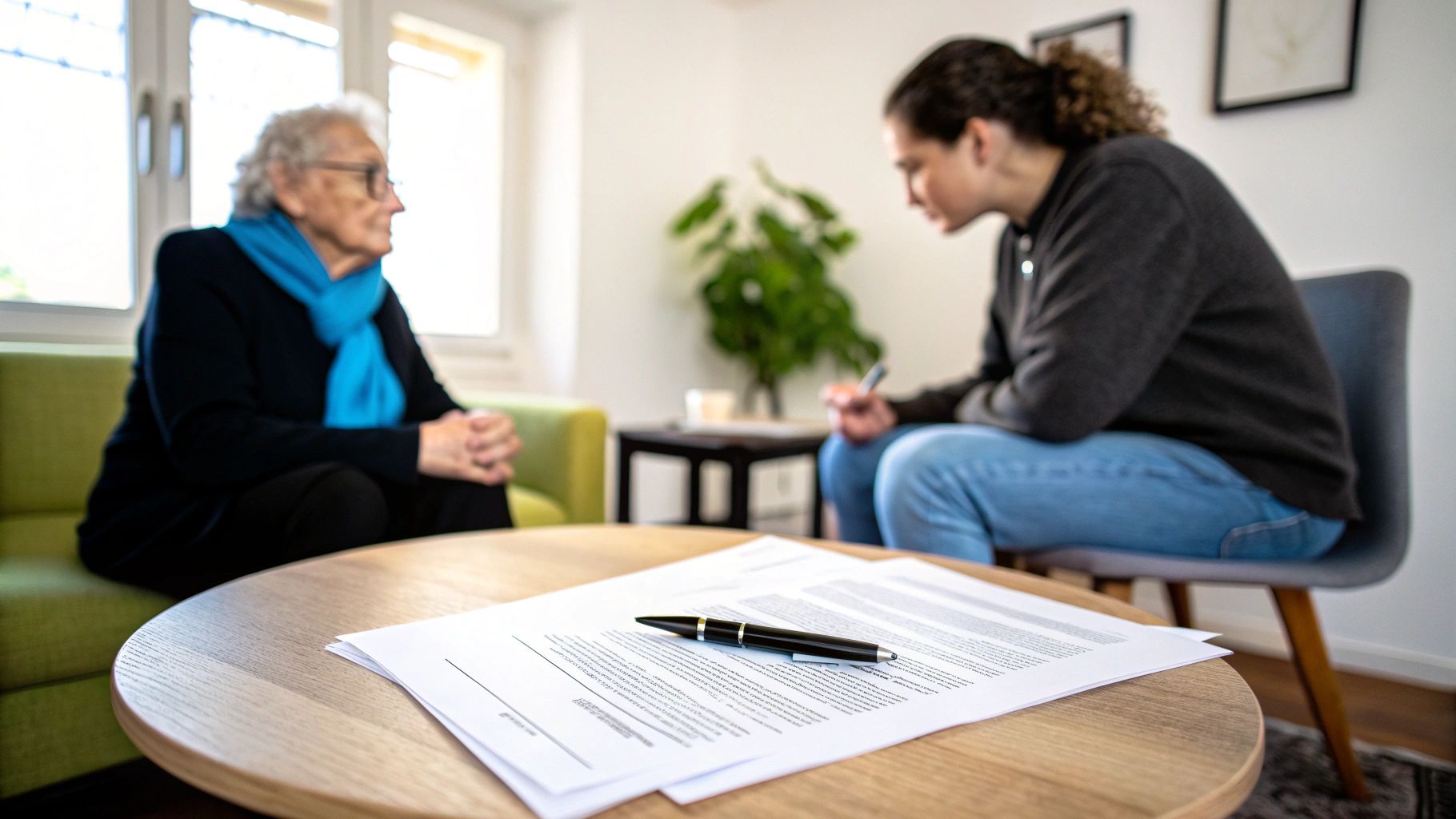 אישה מבוגרת ואדם צעיר יושבים בחדר מואר, מנהלים שיחה סביב מסמכים ועט על שולחן עץ.