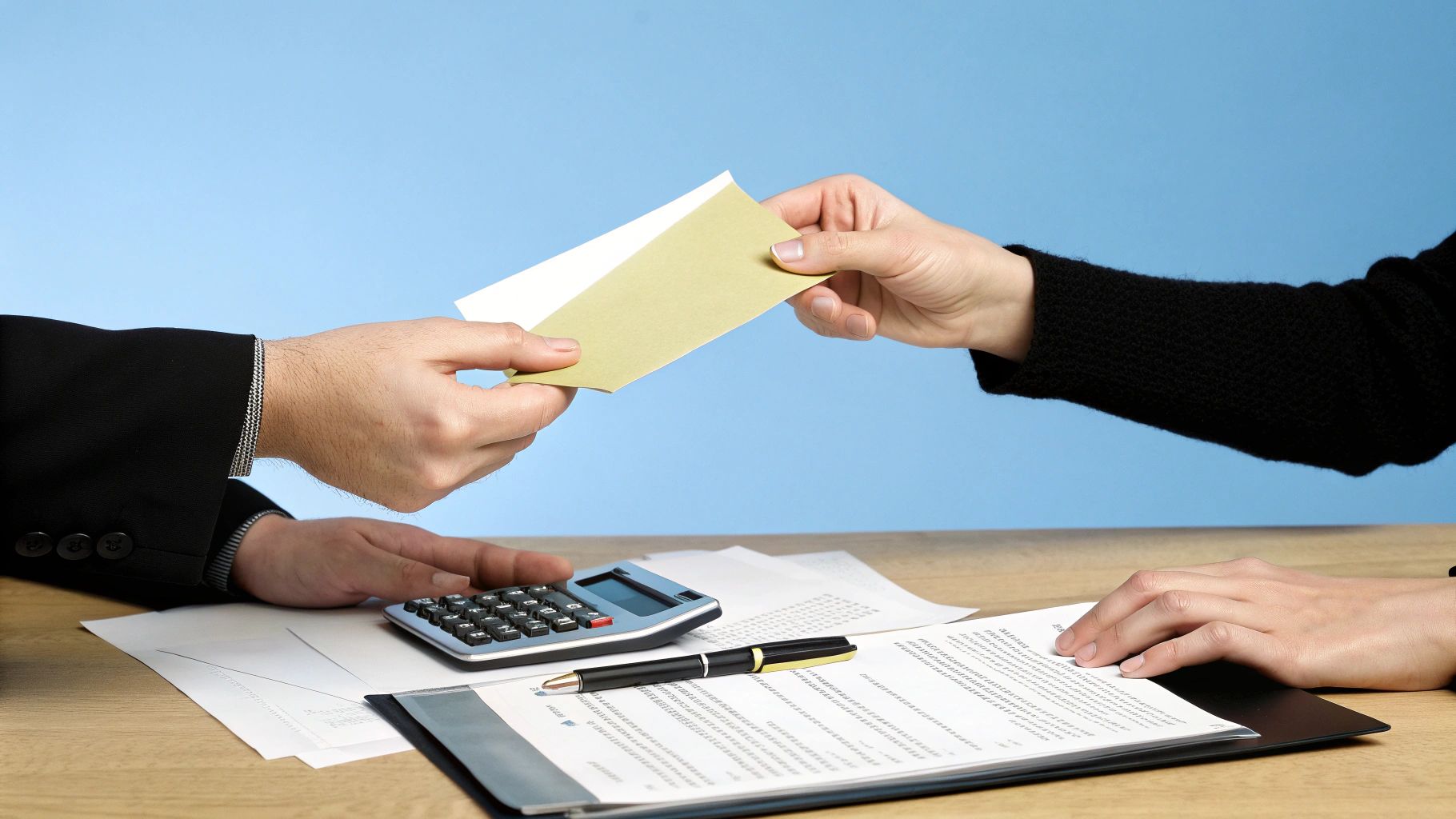 שתי ידיים מחליפות מעטפה מעל שולחן משרדי עם מסמכים, מחשבון ועט.