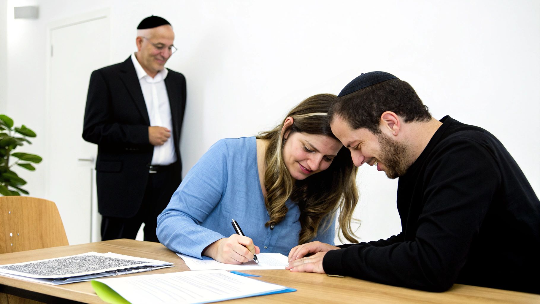 אישה וגבר חותמים על ייפוי כוח מתמשך בנוכחות עורך דין, מראה חיוכים ושיתוף פעולה.