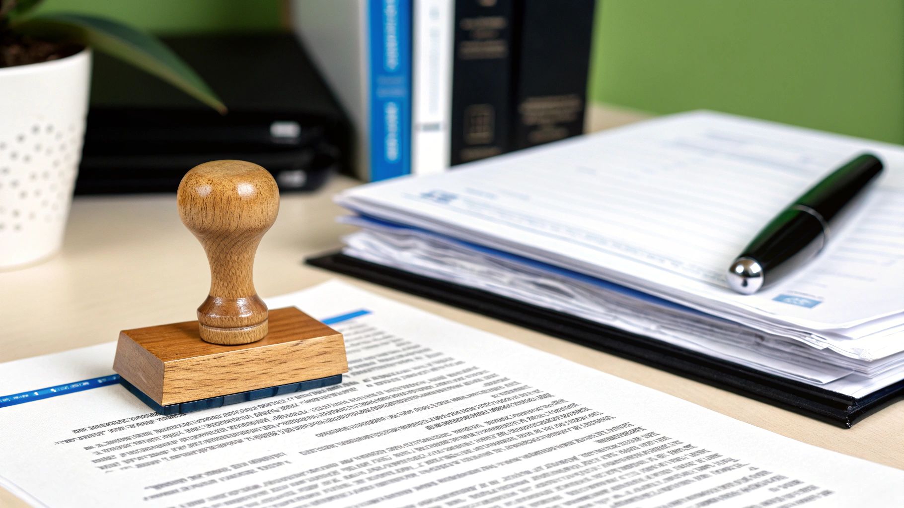 חותמת עץ על מסמך משפטי, לצד ערימת ניירות ועט במשרד, מרמז על עבודה רשמית.