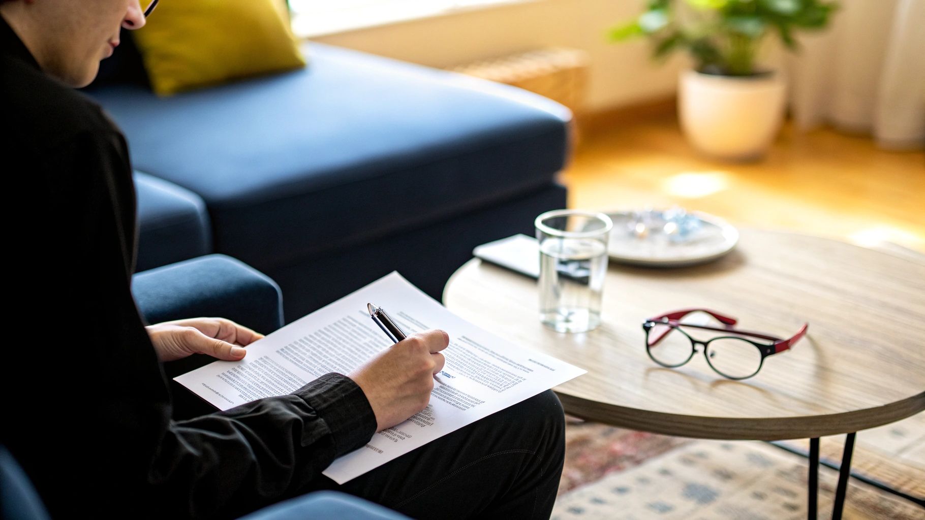 אדם יושב על ספה כחולה, כותב על מסמך חשוב עם עט, לידו כוס מים ומשקפיים על שולחן עץ.