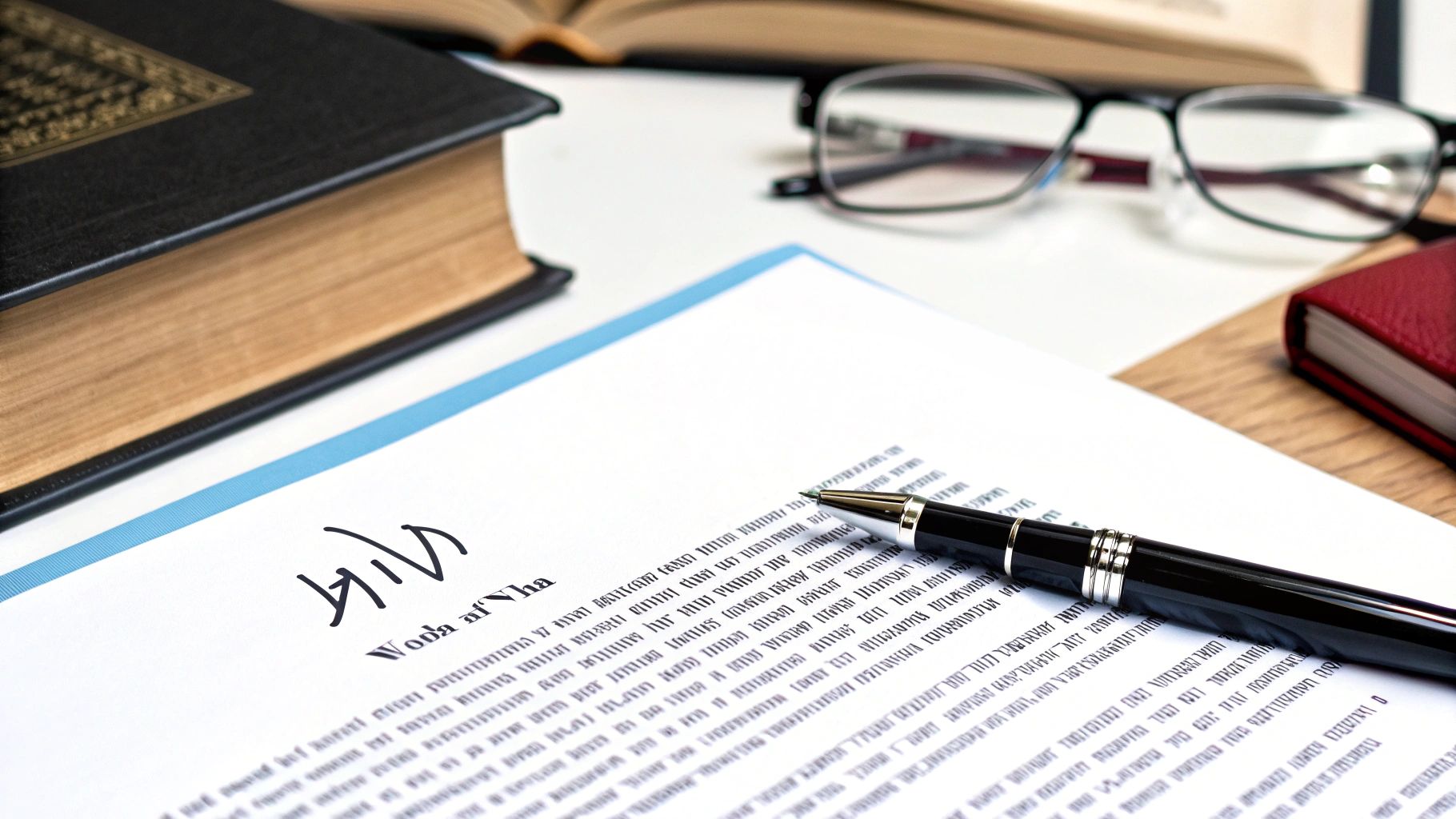 תקריב של מסמך עם עט, ספרים ומשקפיים על שולחן עבודה, המסמל עבודה משפטית או לימוד.