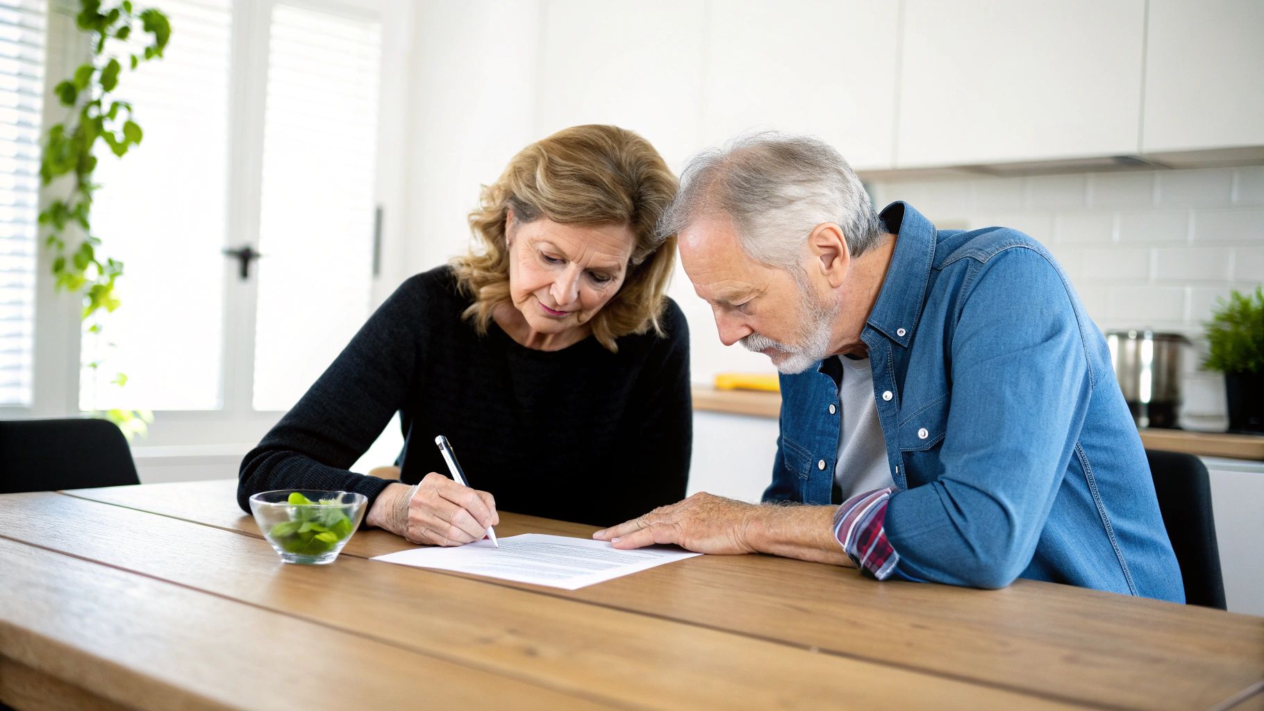 זוג מבוגר יושב ליד שולחן עץ, האישה חותמת על מסמך בעוד הגבר מתבונן בה בריכוז.