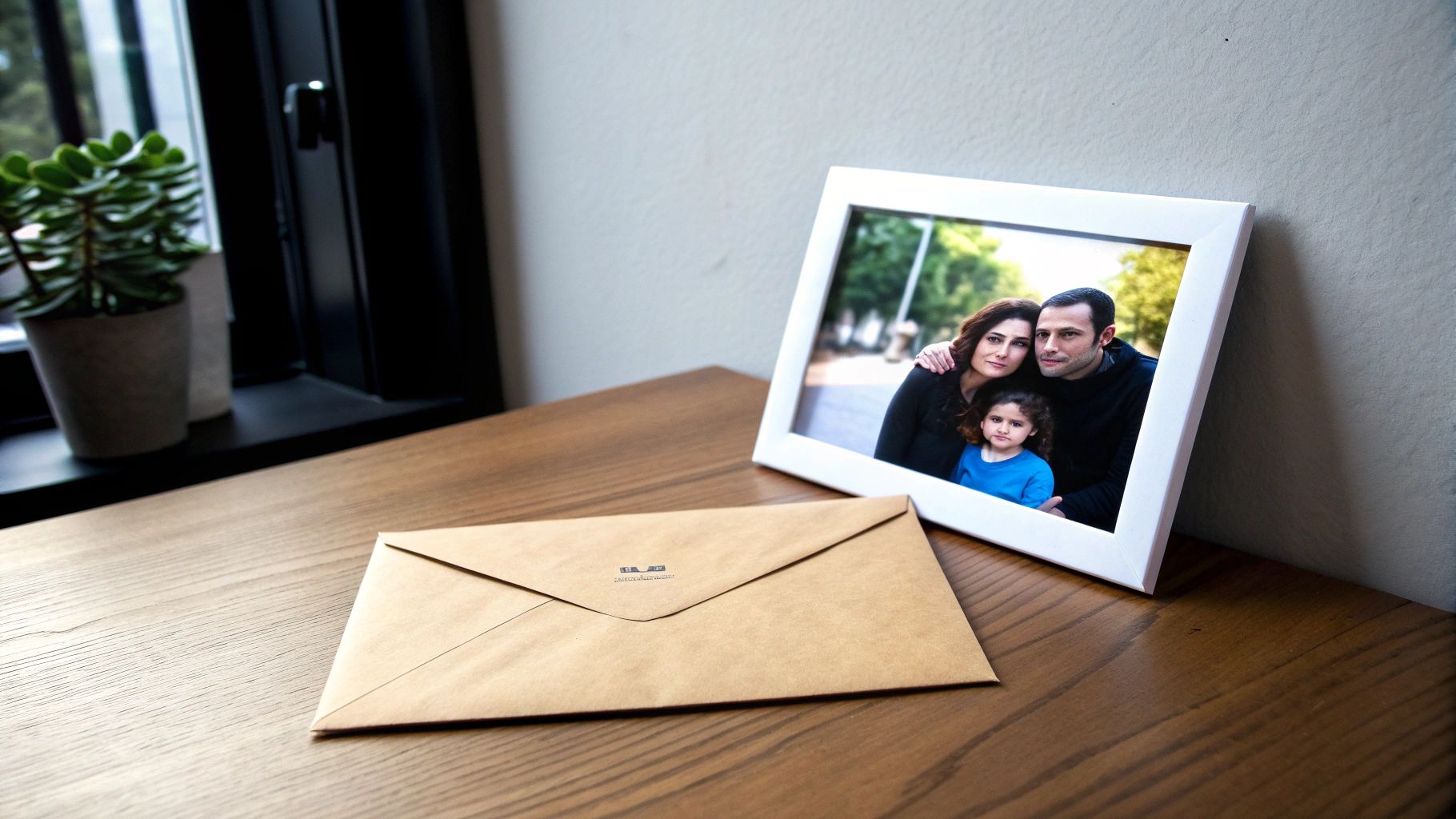 תמונה תקריב של שולחן עץ עם תמונה ממוסגרת של משפחה שמחה ואוטף חום, על רקע חלון עם עציץ ירוק.