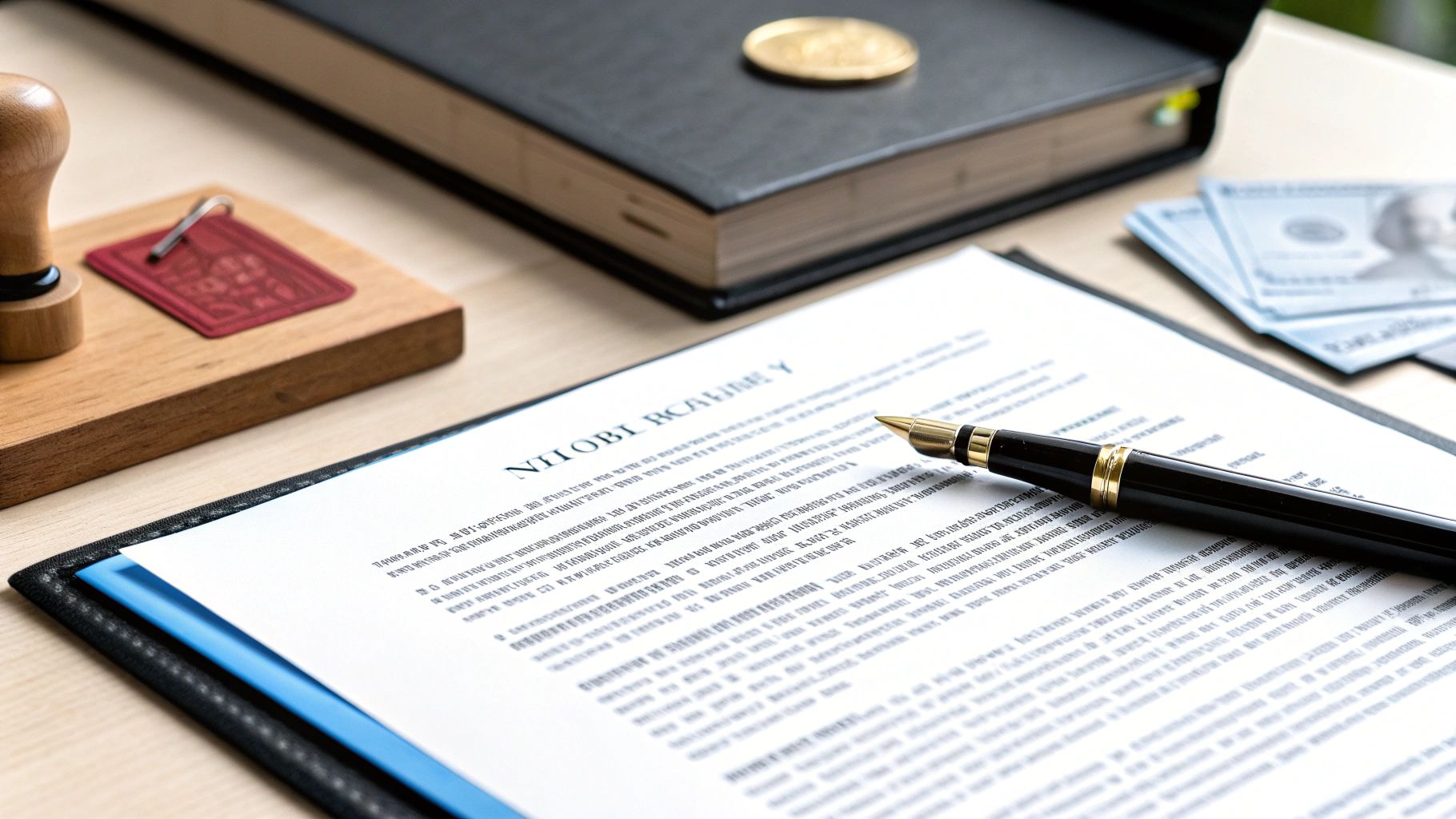 תמונה תקריב של שולחן משרדי עם מסמך משפטי, עט נובע, חותמת עץ וכמה שטרות כסף.