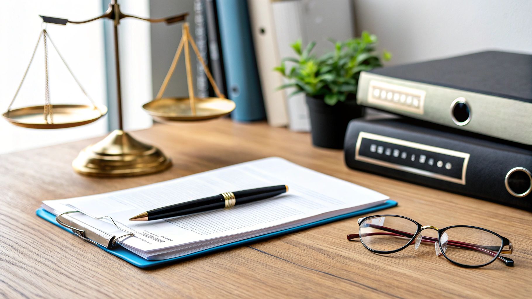 שולחן עבודה עם מאזני צדק, מסמכים, עט, משקפיים ותיקיות, המייצג סביבה משפטית או משרדית.