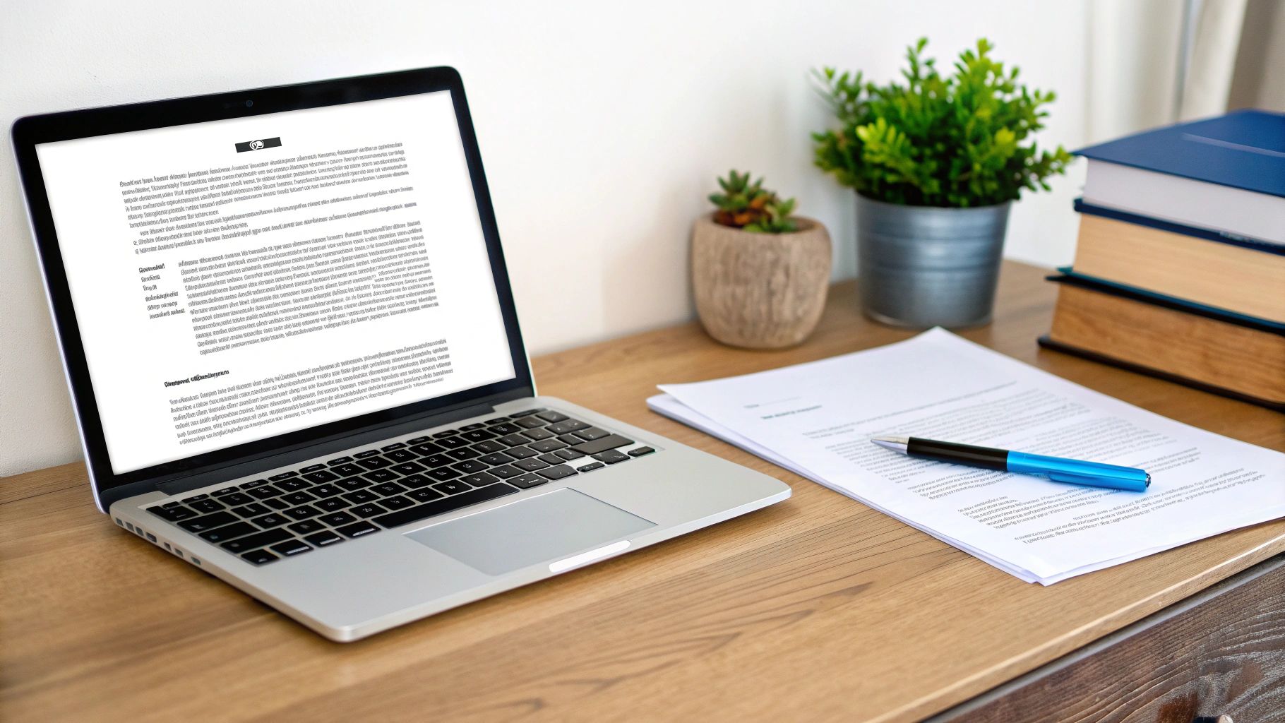 מחשב נייד פתוח על שולחן עבודה מעץ, מציג מסמך, לידו עט כחול, ערימת ניירות, צמחים וספרים.