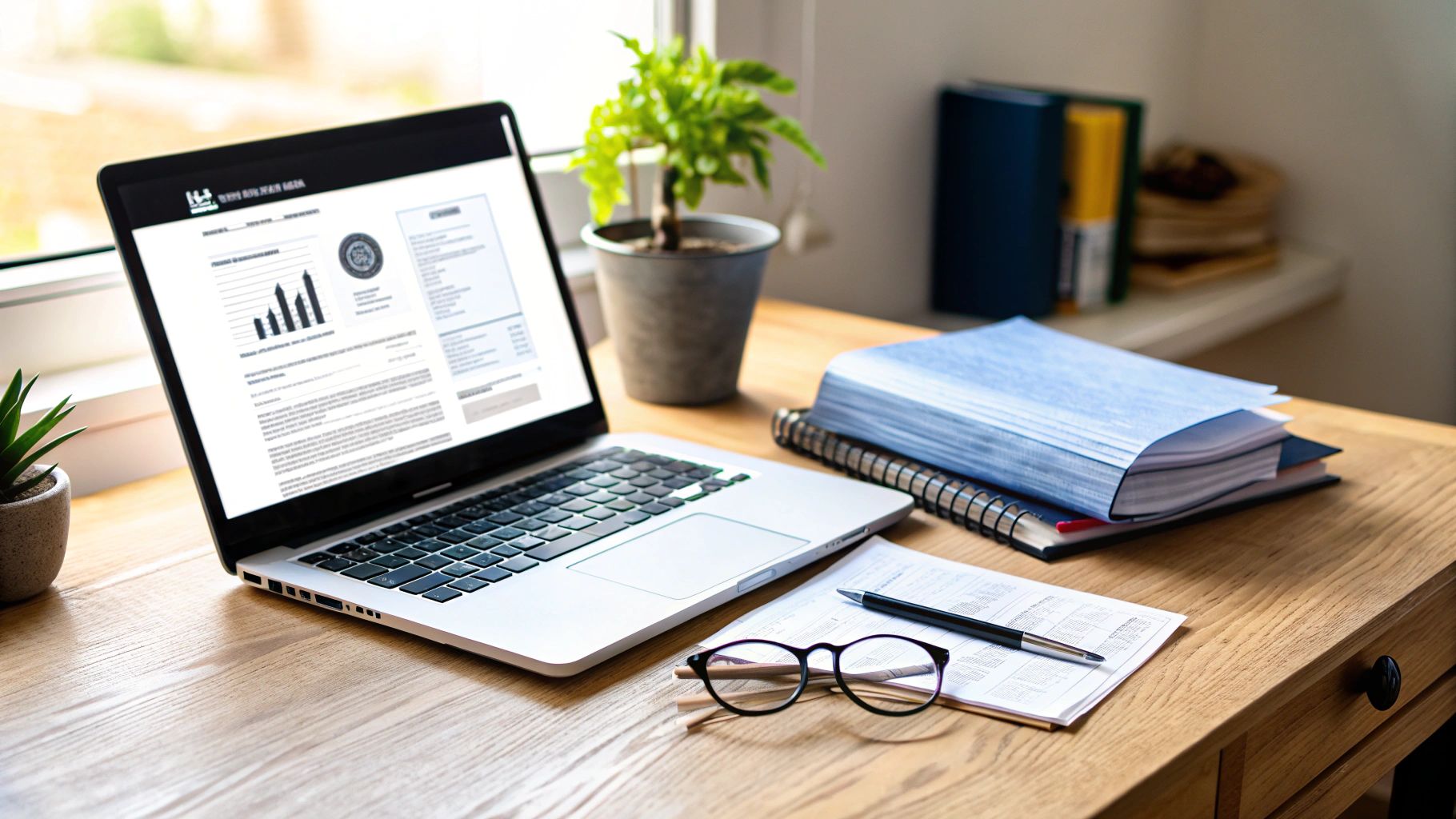 מחשב נייד על שולחן עץ מודרני המציג דוח כספי, לצד מסמכים, עט, משקפיים וצמחים.