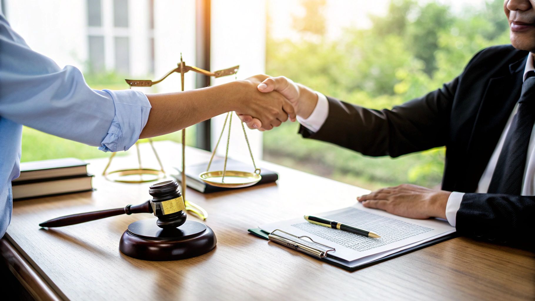 עורך דין ולקוח לוחצים ידיים ליד שולחן עם מסמכים משפטיים וחפצי צדק, מסמל הסכמה.