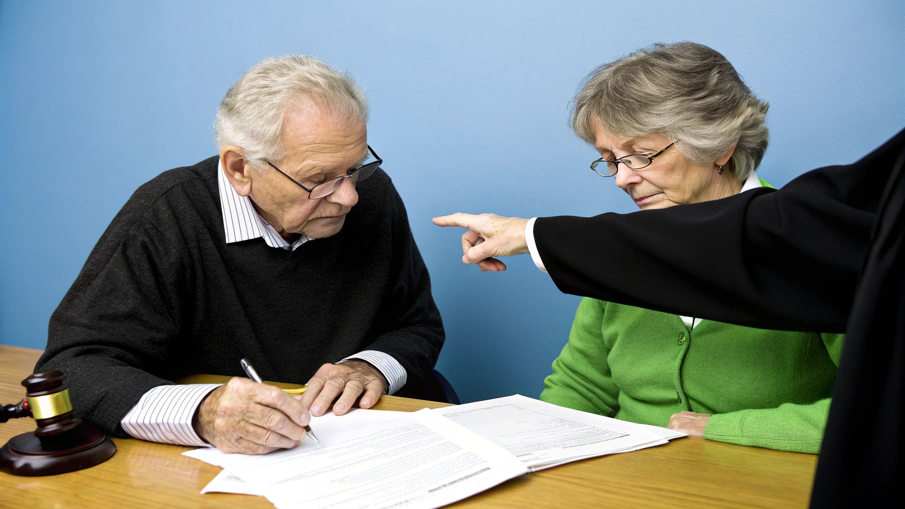 זוג מבוגר חותם על מסמכים משפפטיים חשובים ליד עורך דין, ייתכן הסכם ממון.