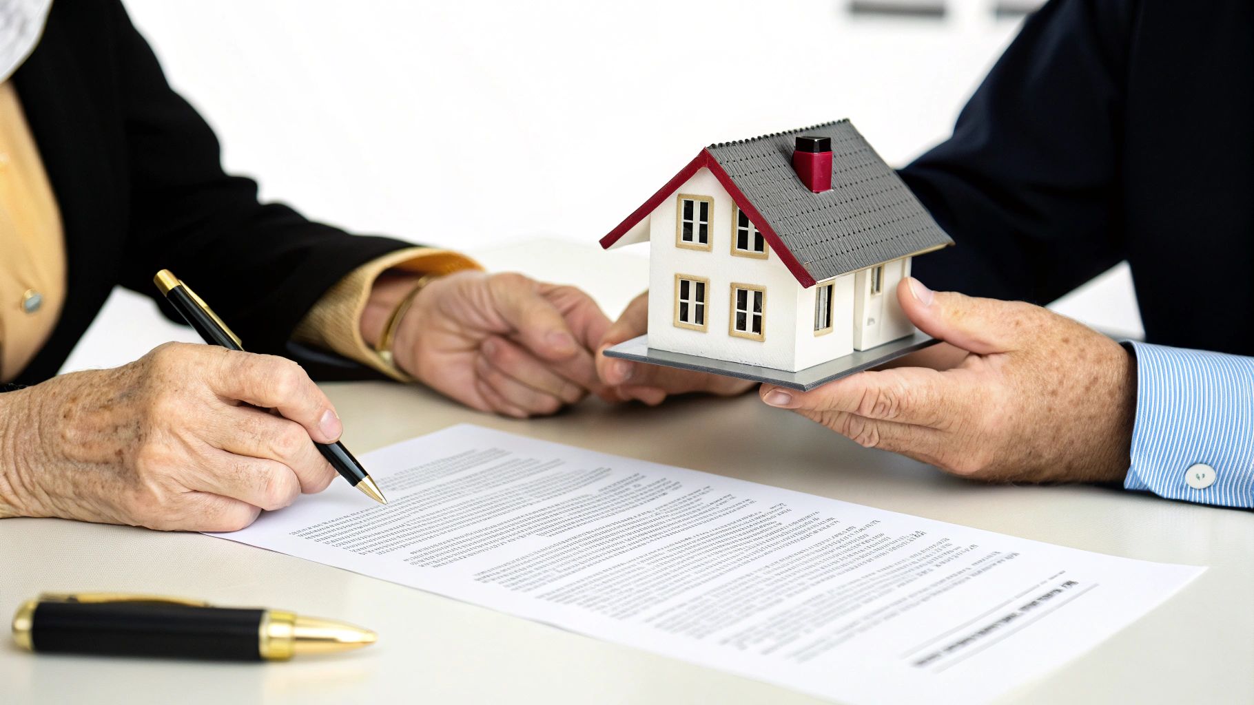 אישה מבוגרת חותמת על מסמך, מול גבר שמחזיק דגם בית קטן, מסמלים עסקת נדל"ן.