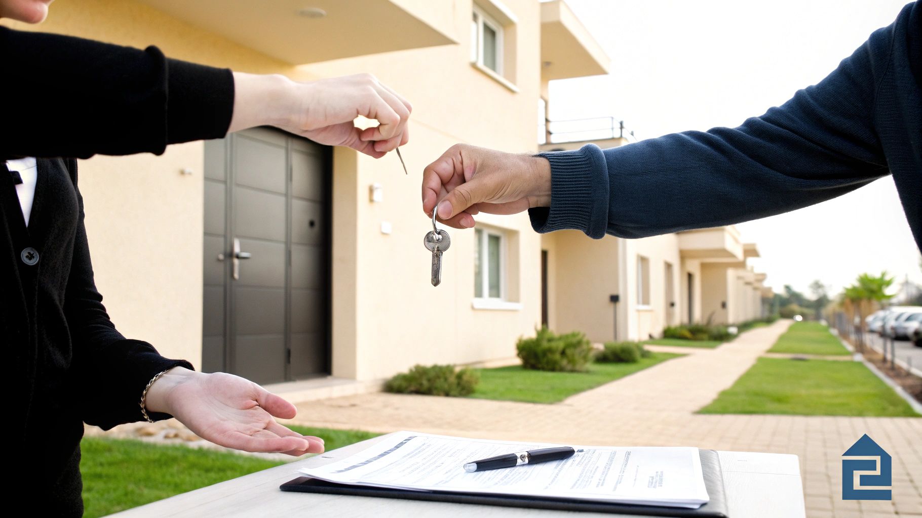 ידיים מחליפות מפתחות של בית חדש מול בניין עם חוזה על שולחן בחוץ.