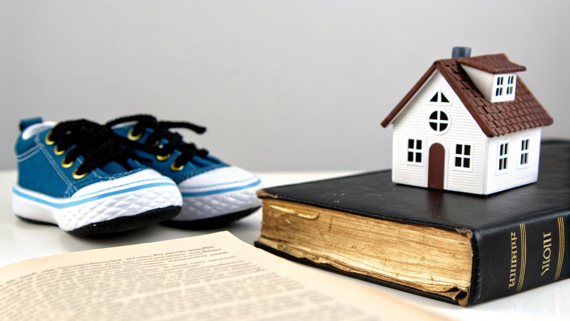 מודל בית, ספרים ונעלי תינוק, מסמלים תכנון עתידי ורישום ירושה בטאבו.