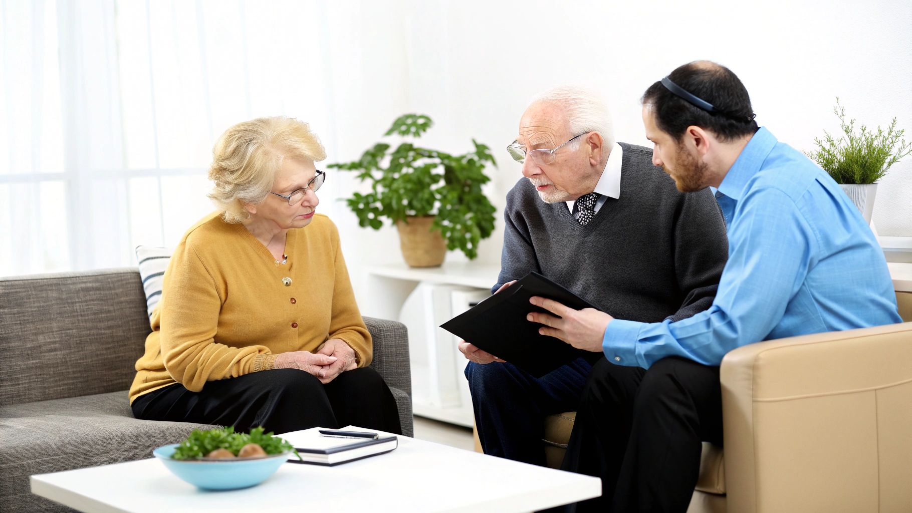 עורך דין מייעץ לזוג קשישים בנושאי אפוטרופסות ומשפחה עם מסמכים.