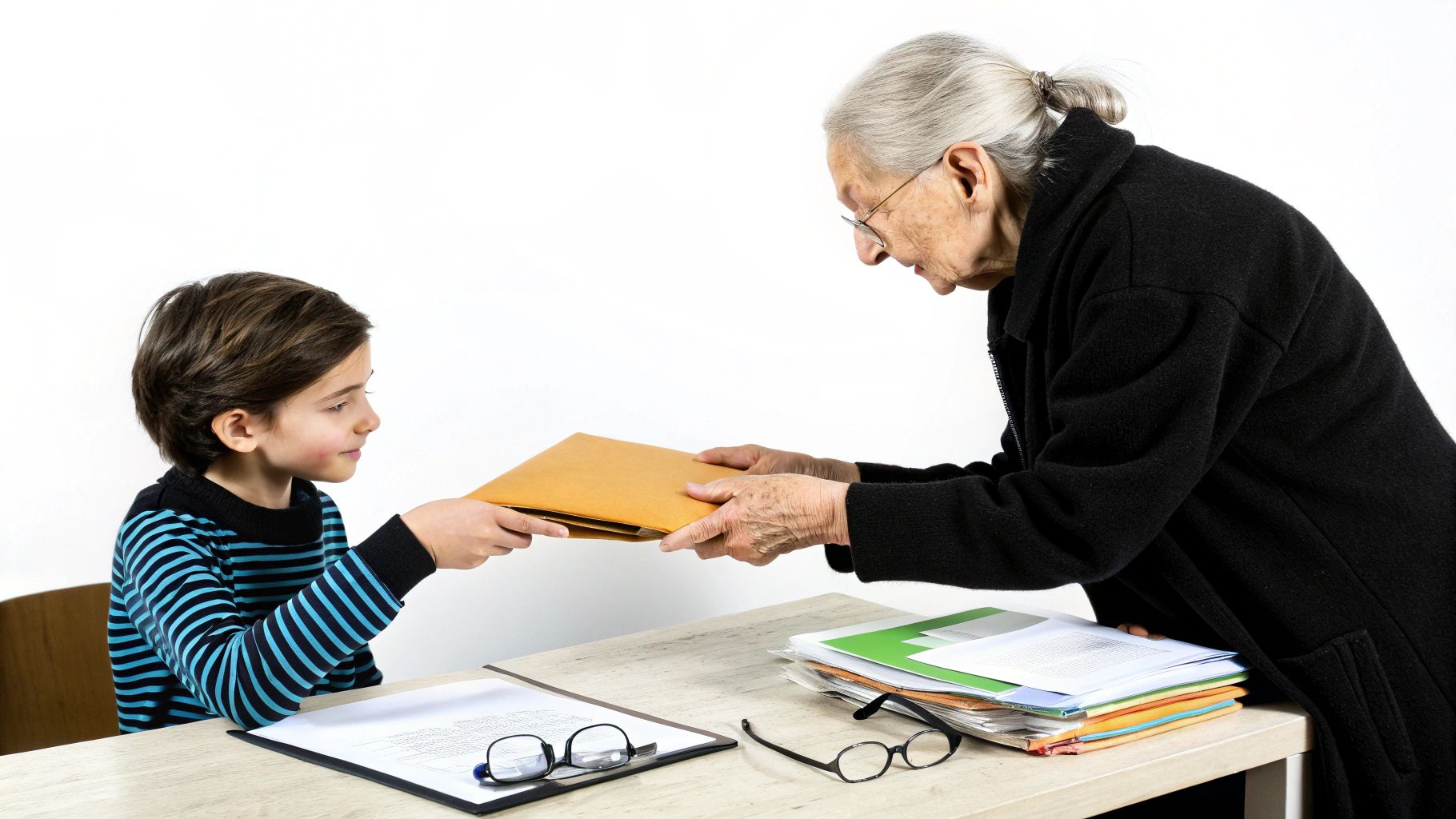 אישה מבוגרת וילד מחליפים מסמכים, אולי הסכם, ליד שולחן משרדי.