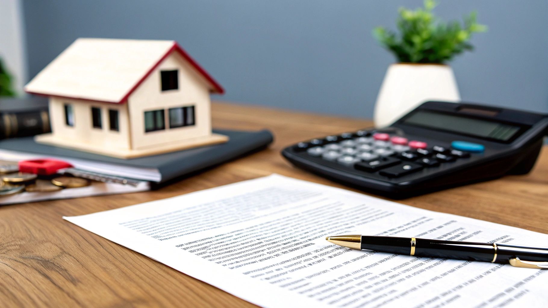 מודל בית, מחשבון, עט ומסמך משפטי על שולחן, המייצגים נדל"ן, כספים וייפוי כוח.