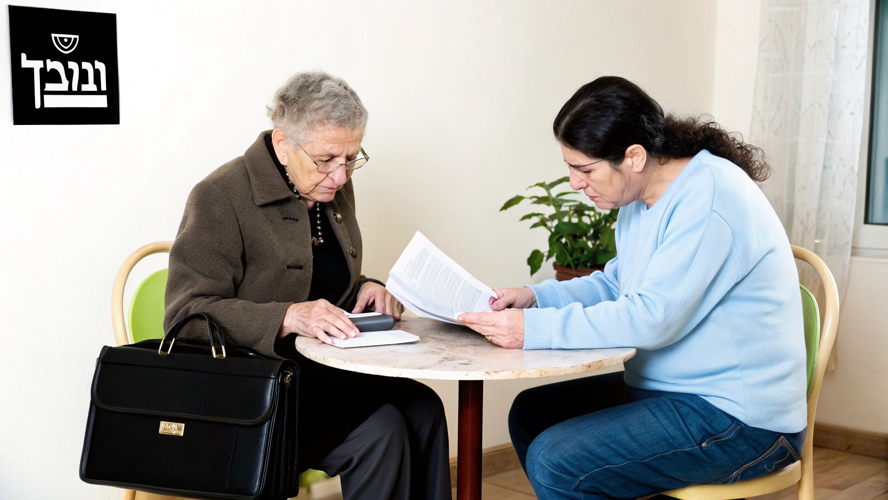 שתי נשים יושבות סביב שולחן, אחת קוראת מסמכים והשנייה בודקת מכשיר קטן.
