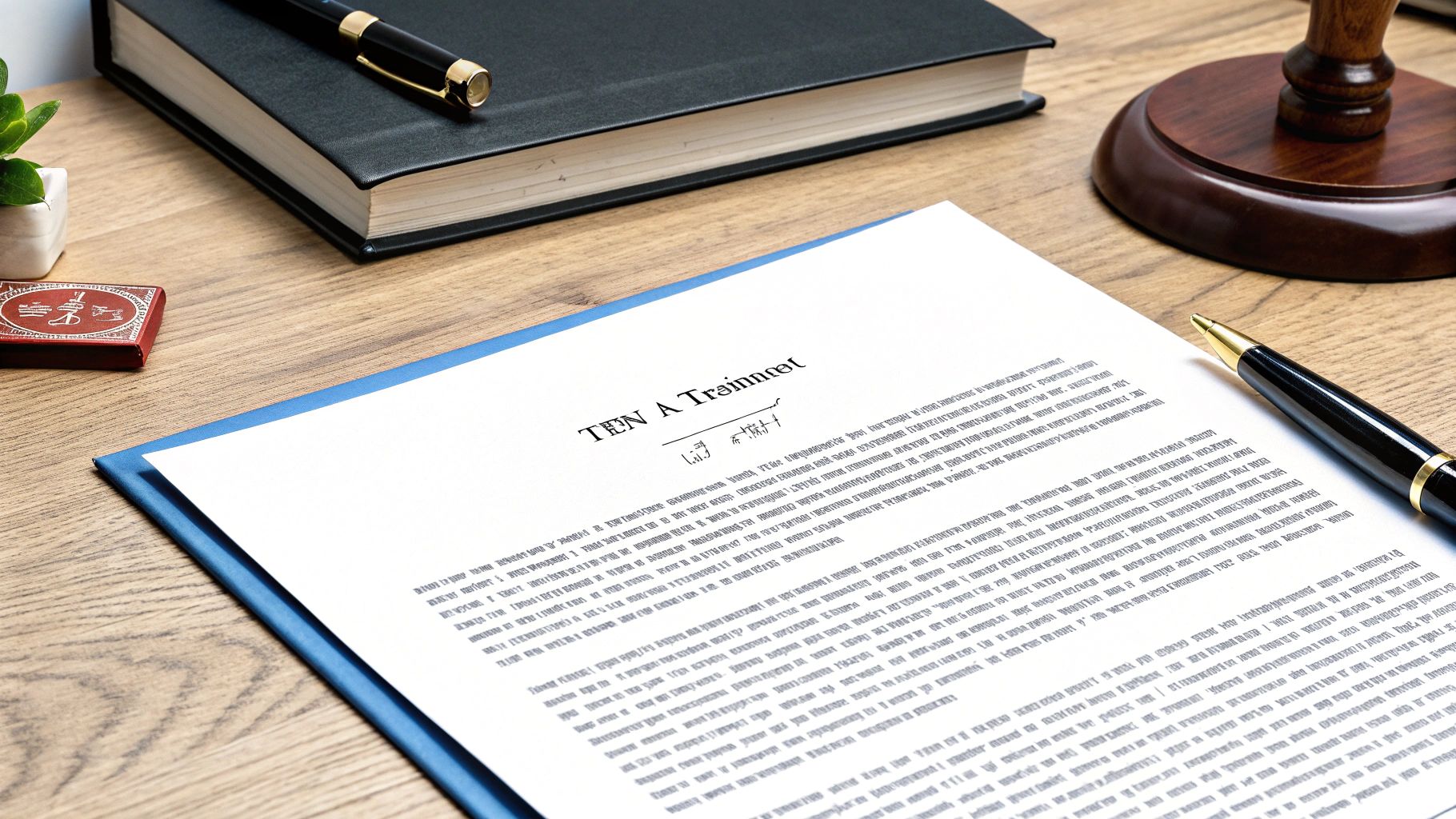 שולחן עבודה עם מסמך משפטי פתוח, עטים, ספר וגונג עץ, המרמז על ענייני צוואות.