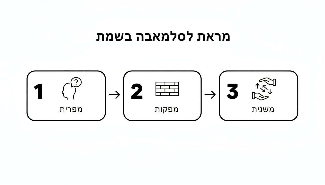 תרשים זרימה של תהליך בן שלושה שלבים: זיהוי אתגר, פיתוח פתרונות והשגת הצלחה.