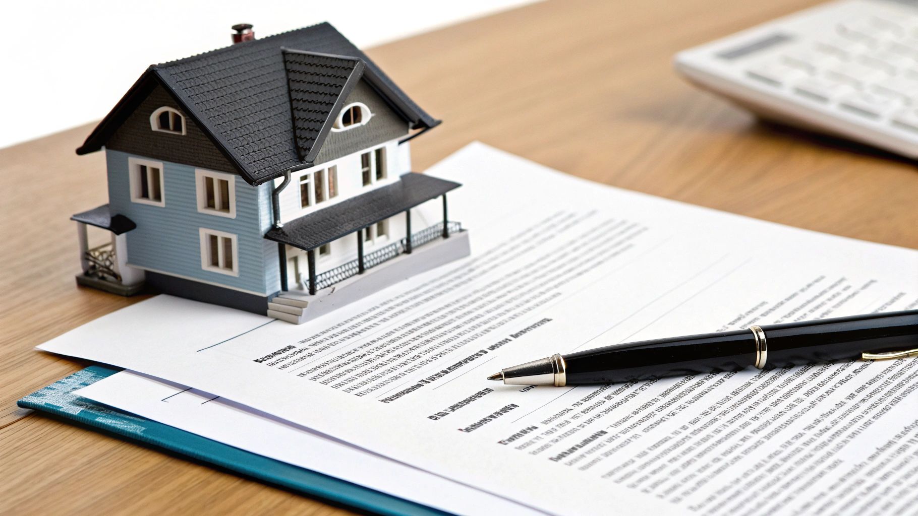 בית דגם קטן, עט על מסמכים משפטיים וטופס חוזה על שולחן עץ, מייצג רכישת נכס.
