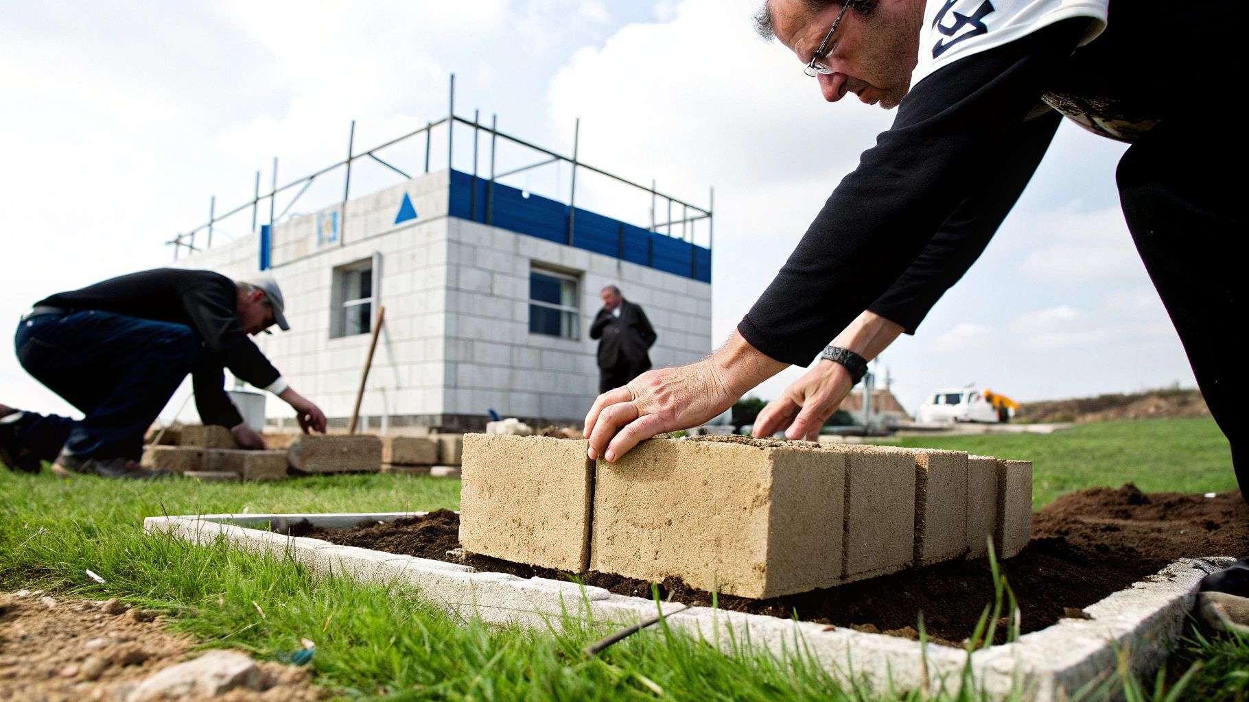גברים בונים קיר לבנים בגינה חיצונית, עם מבנה לבנים ברקע תחת שמיים בהירים.