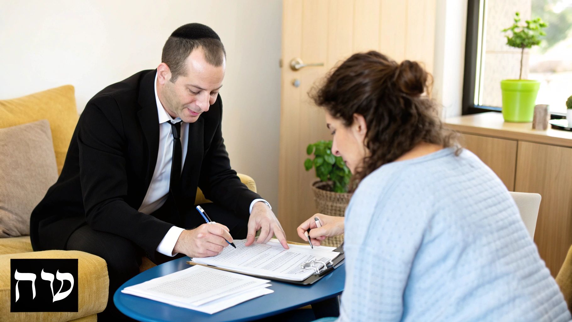 עורך דין חובש כיפה ואישה חותמים על מסמכים משפטיים בשולחן כחול.