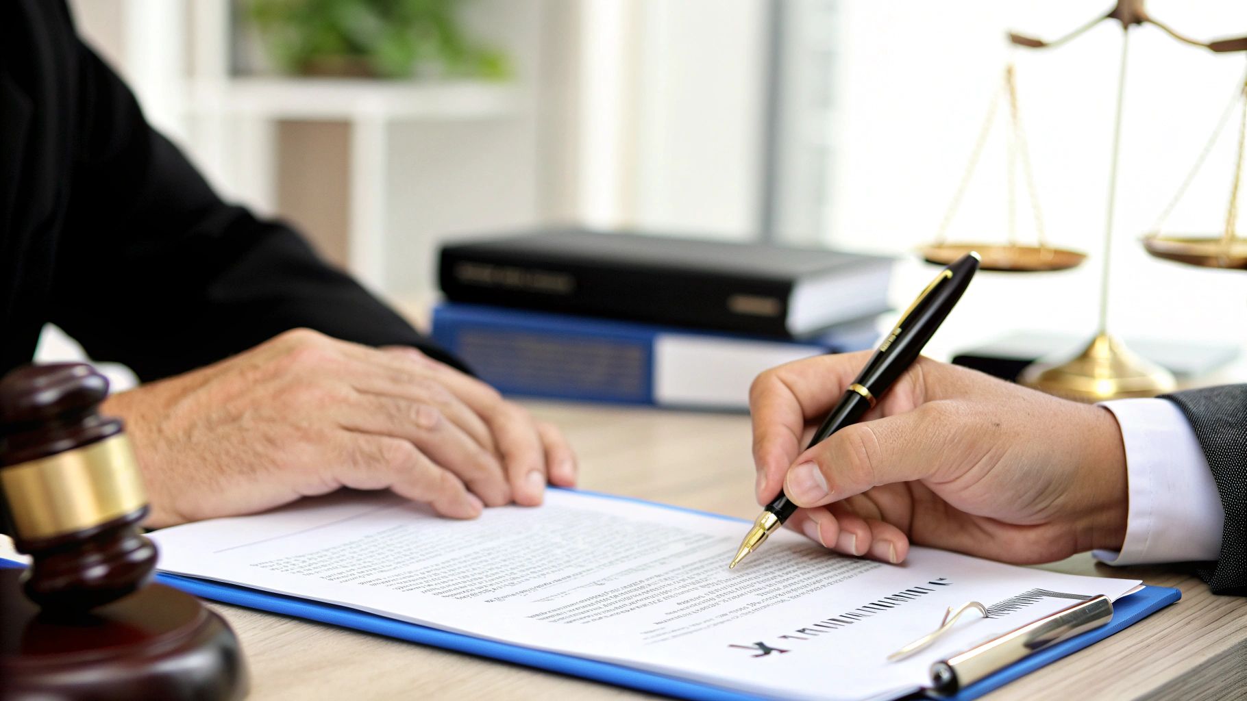 ידיים חותמות על מסמכים משפטיים עם עט, לצד פטיש שופטים ומאזני צדק, במשרד עורך דין.