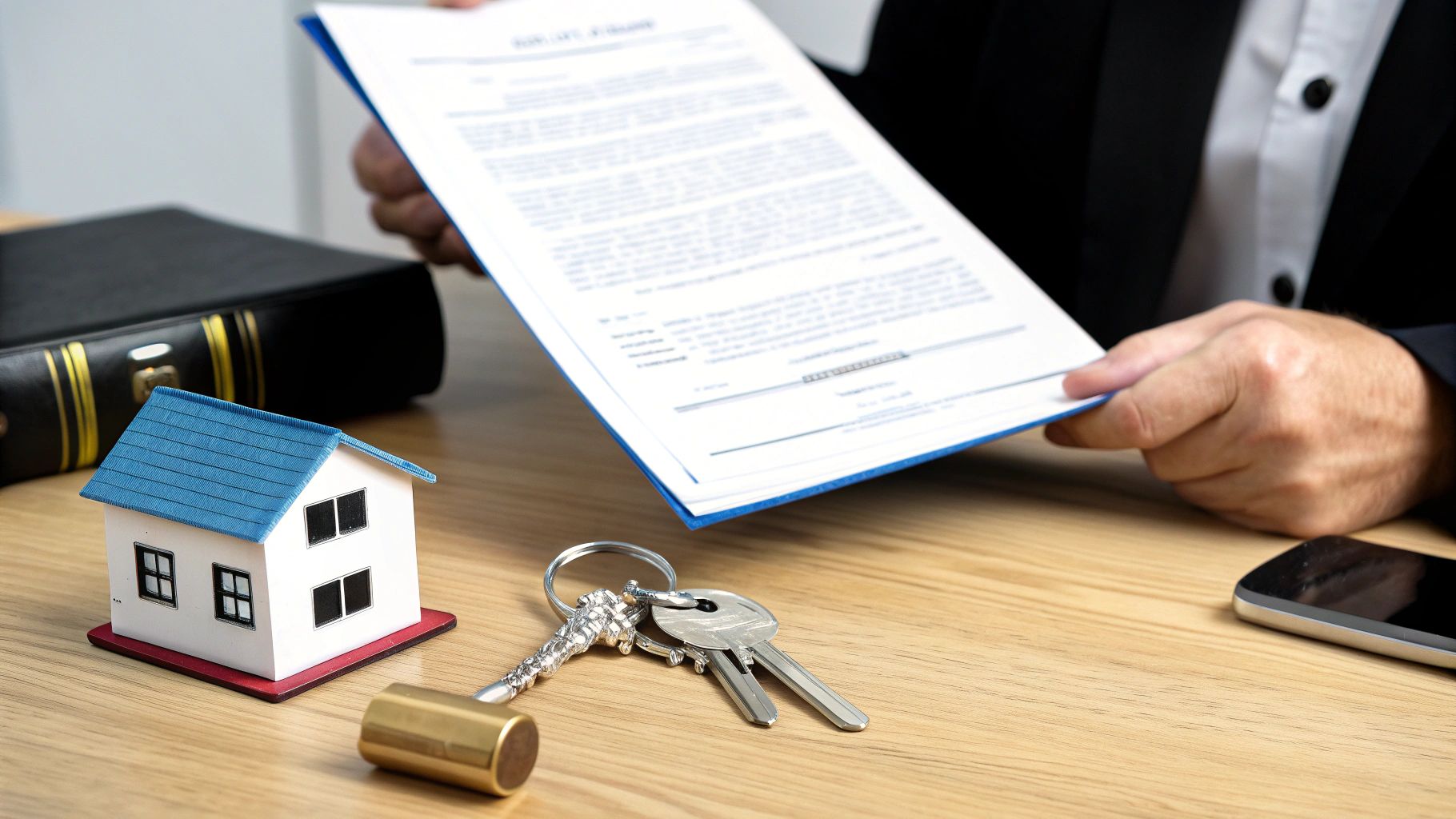 אדם מחזיק מסמכי נדל"ן או צו ירושה, עם מודל בית, מפתחות ופטיש שופטים על שולחן עץ.