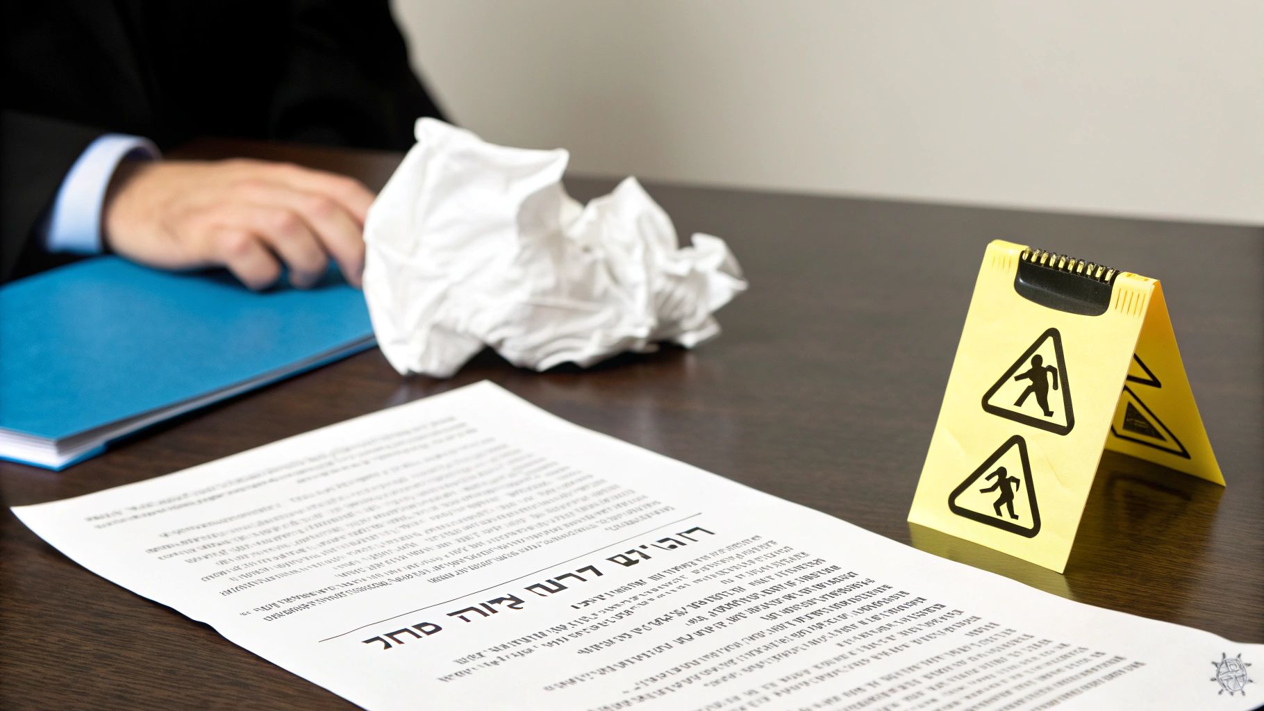 מסמכים משפטיים, נייר מקומט ושלט אזהרה צהוב על שולחן, עם ידי אדם ברקע.
